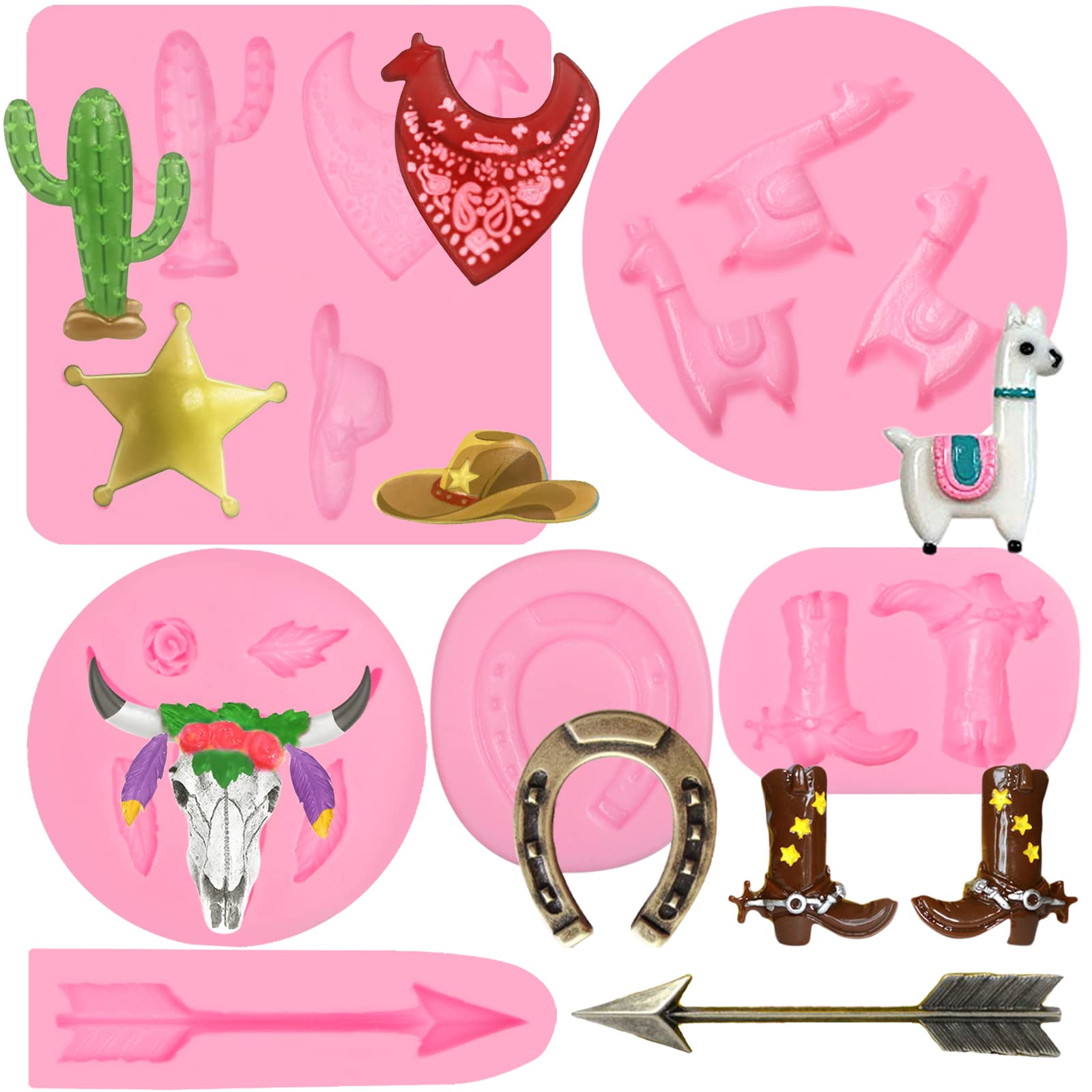 Bull Head Chocolate Fondant Mold 6 Pcs, Cactus Silicone Molds Feather Arrow Boot Star Horseshoe Hoof Mold For Cake Decoration Ca