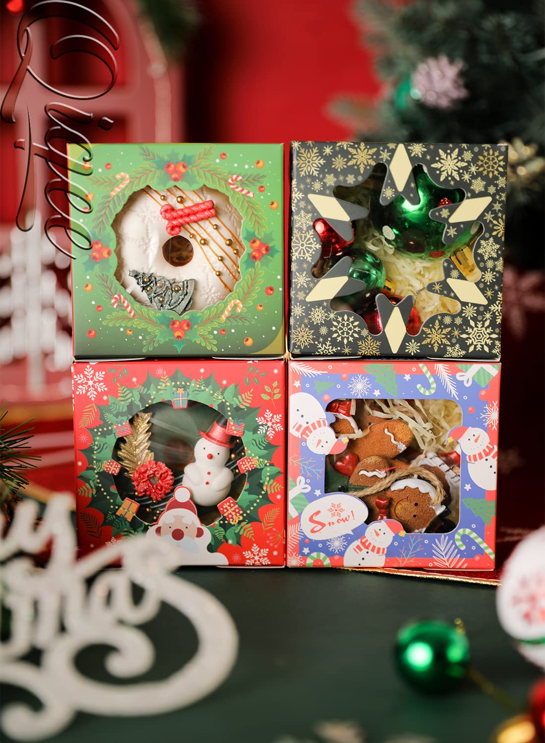 Qiqee Christmas Bakery Boxes With Window 4*4*2.5Inch/55Packs Mini Cookie Boxes Macaron Boxes Small Donut Pastry Boxes For Christ