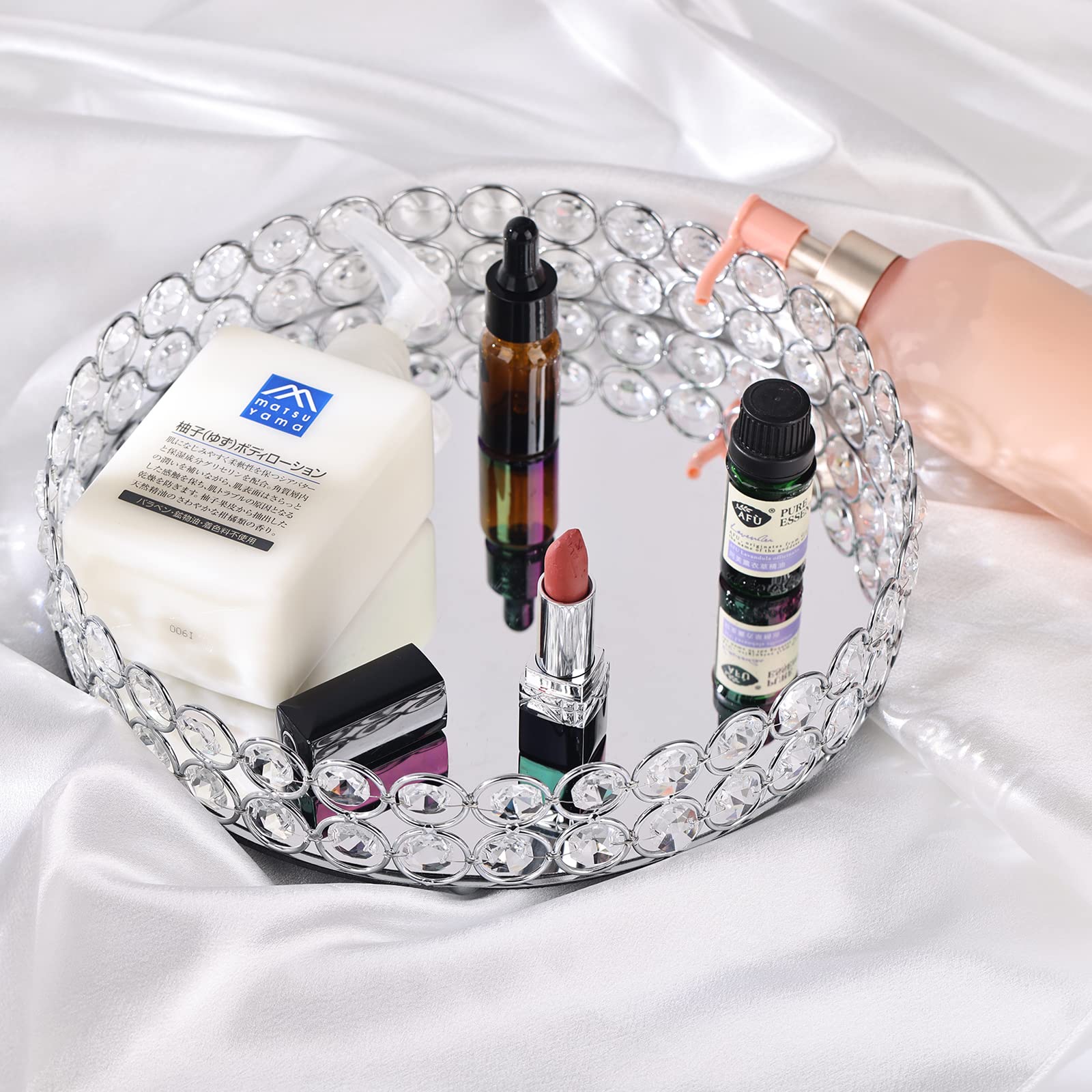Elegant Silver Crystal Mirror Perfume Tray For Vanity, Coffee Table, And Home Decor - Small Glass Tray For Jewelry, Perfume, And