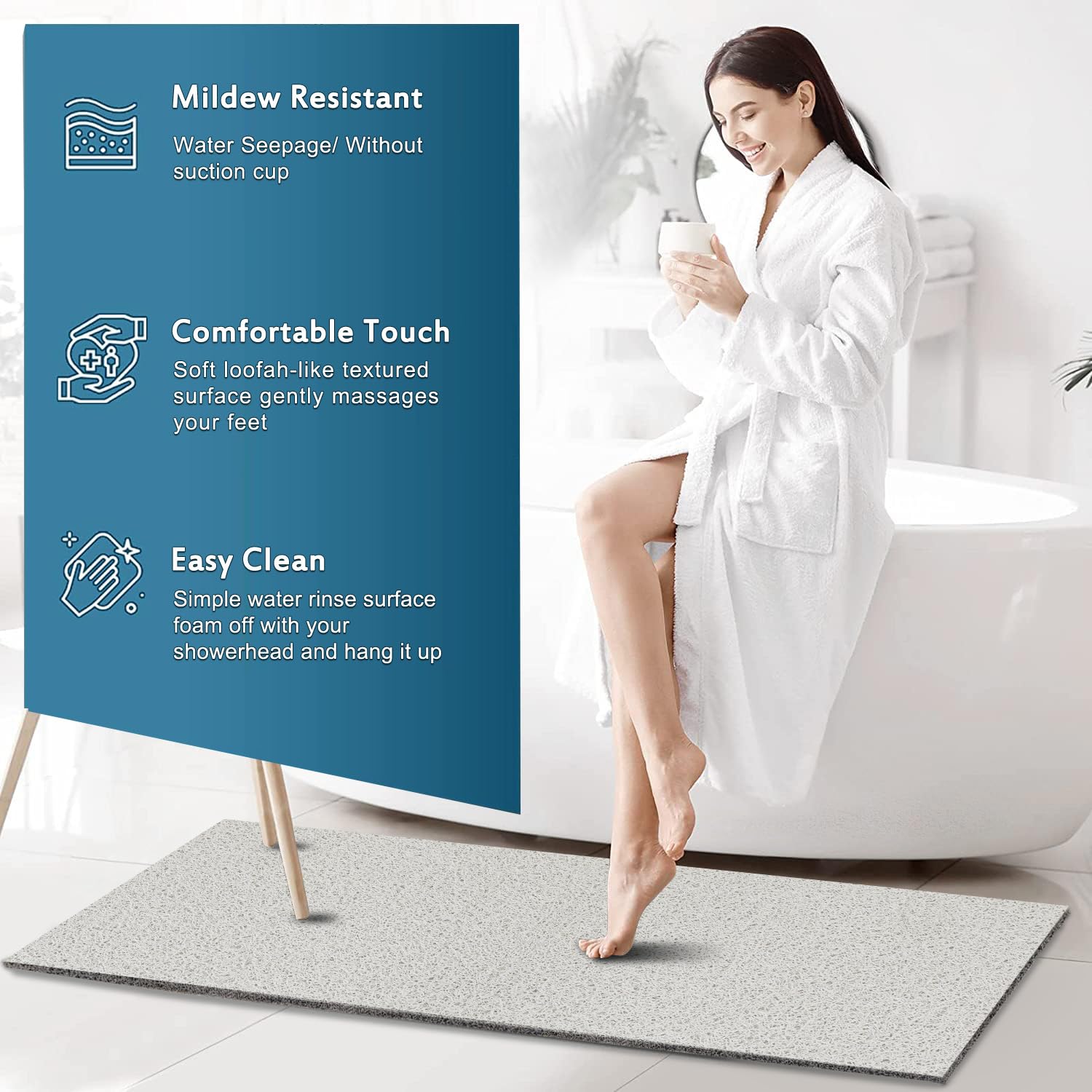 Extra Large Shower Mats Non Slip, 17.1  59 Inch, Bath Mat For Shower, Loofah Mats For Shower And Bathroom, Quick Drying, White