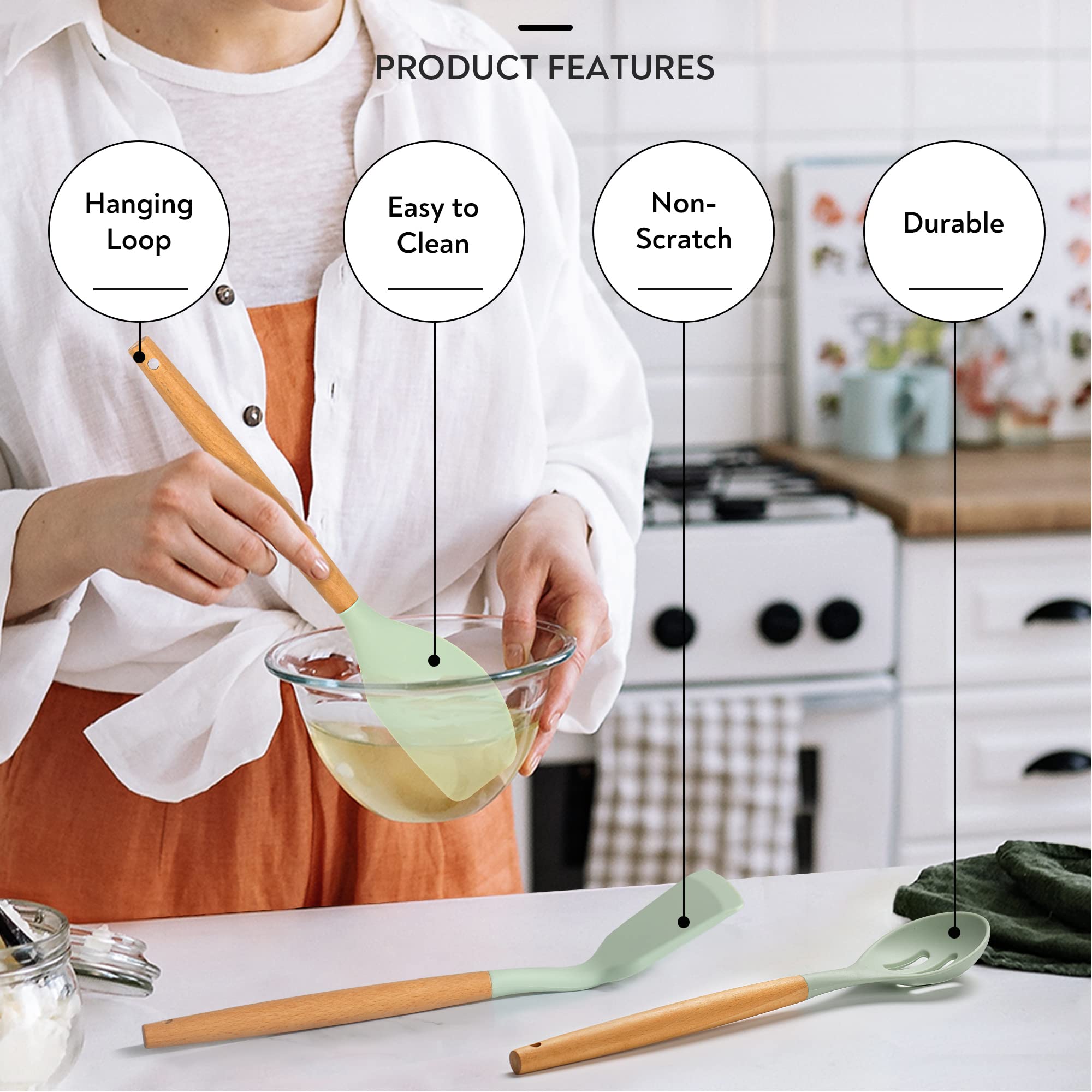 Lanzo Design Kitchen Utensil Set, 13 Pcs Non-Stick Silicone Cooking Utensils Spatula Set With Wooden Holder (Mint)