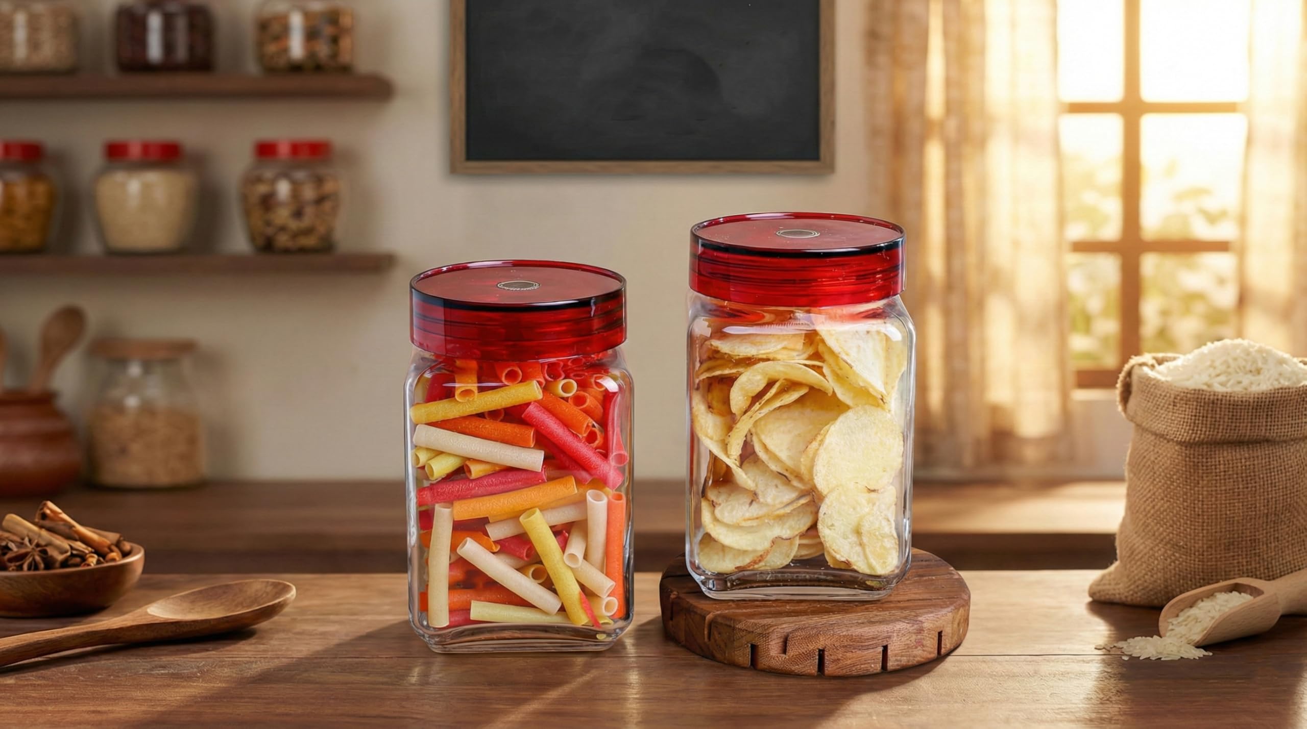 Avastro 800Ml Glass Square Jars & Containers With Air Tight Acrylic Plastic Maroon Lid For Kitchen Pantry, Masala, Honey, Pickle