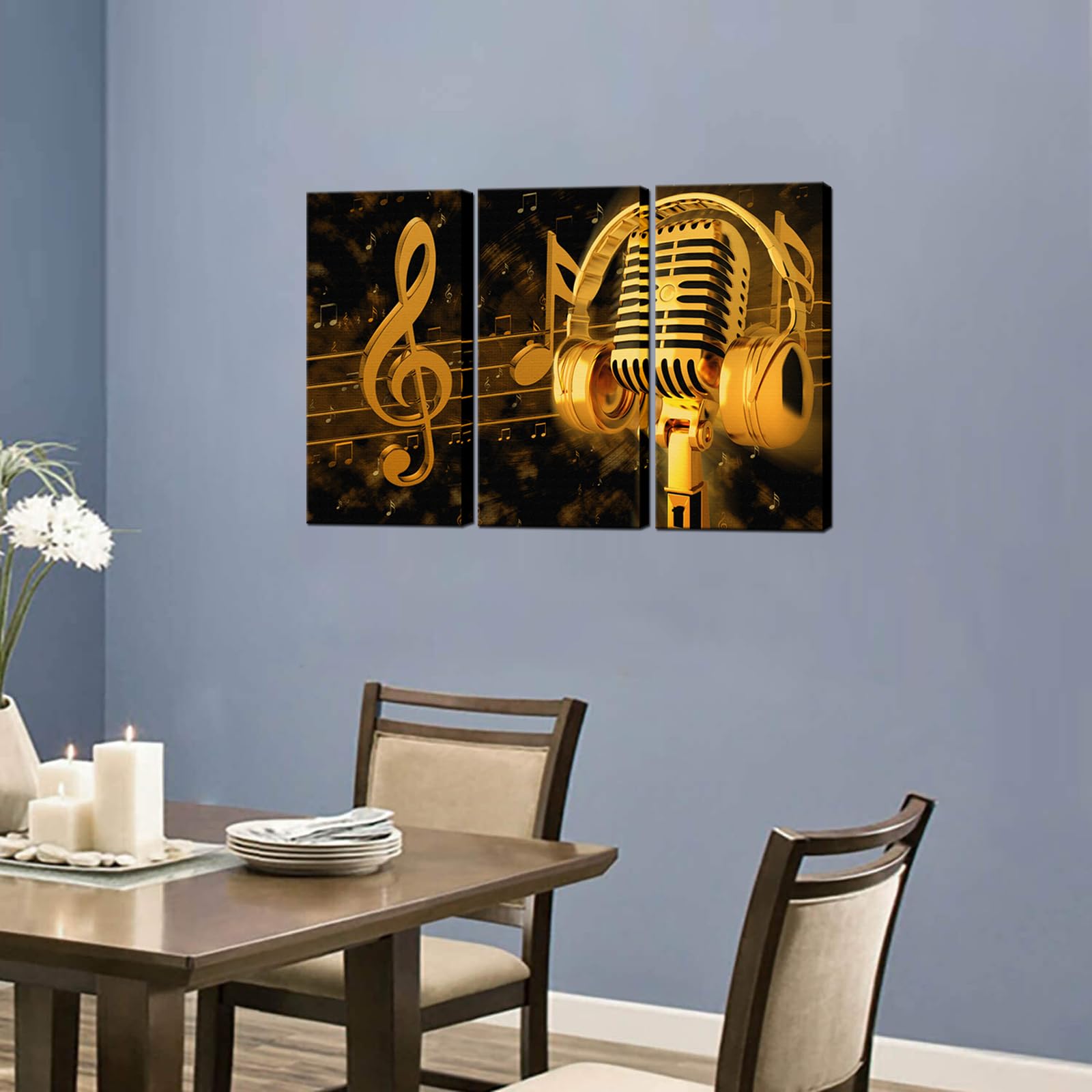Biuteawal - Music Artistic Paintings Wall Art Gold Metal Microphone And Headset Note Picture Canvas Giclee Print Modern Home Stu