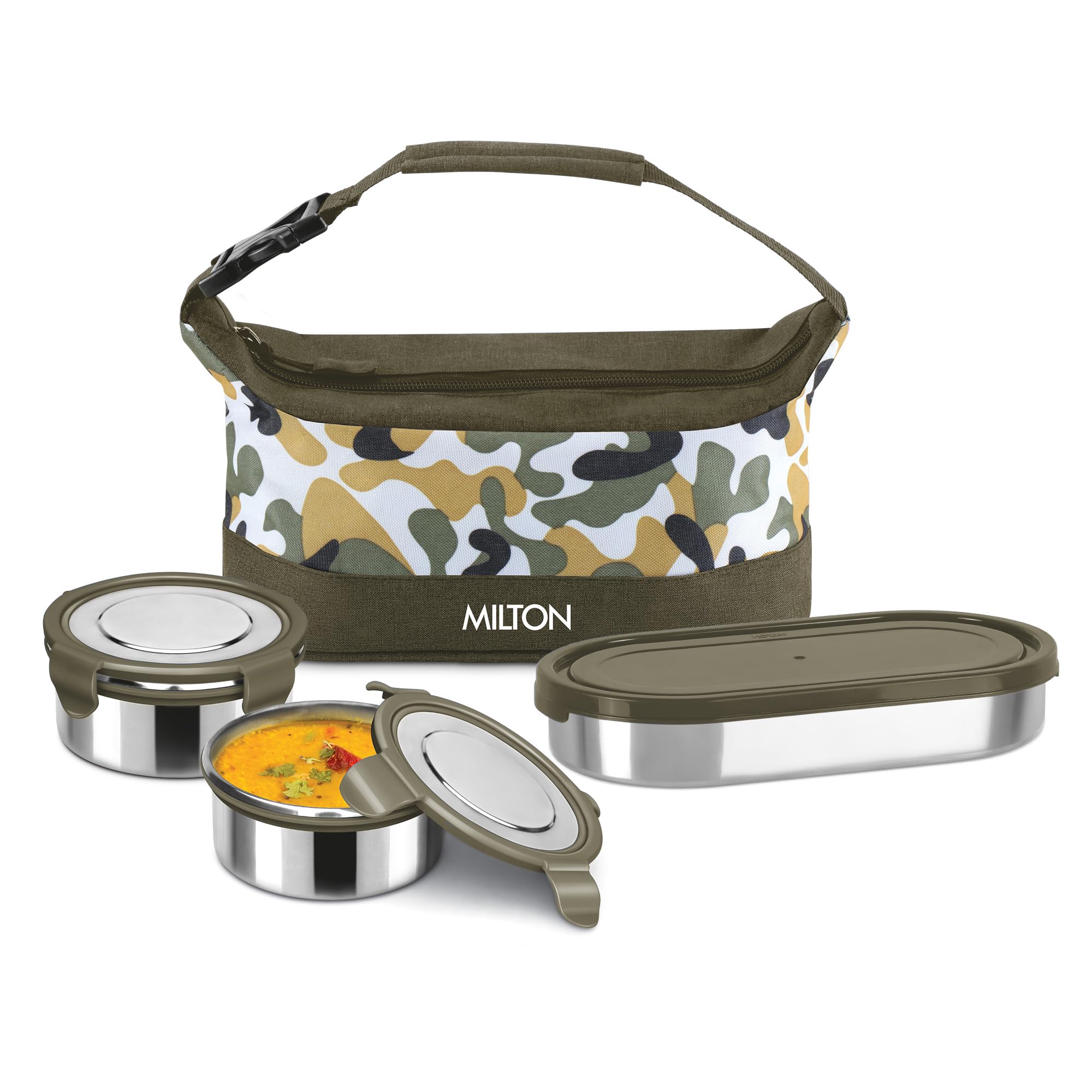 Milton Camo Delight Stainless Steel Tiffin (2 Click Lock Round Containers, 380 Ml Each; 1 Oval Container, 450 Ml) With Insulated