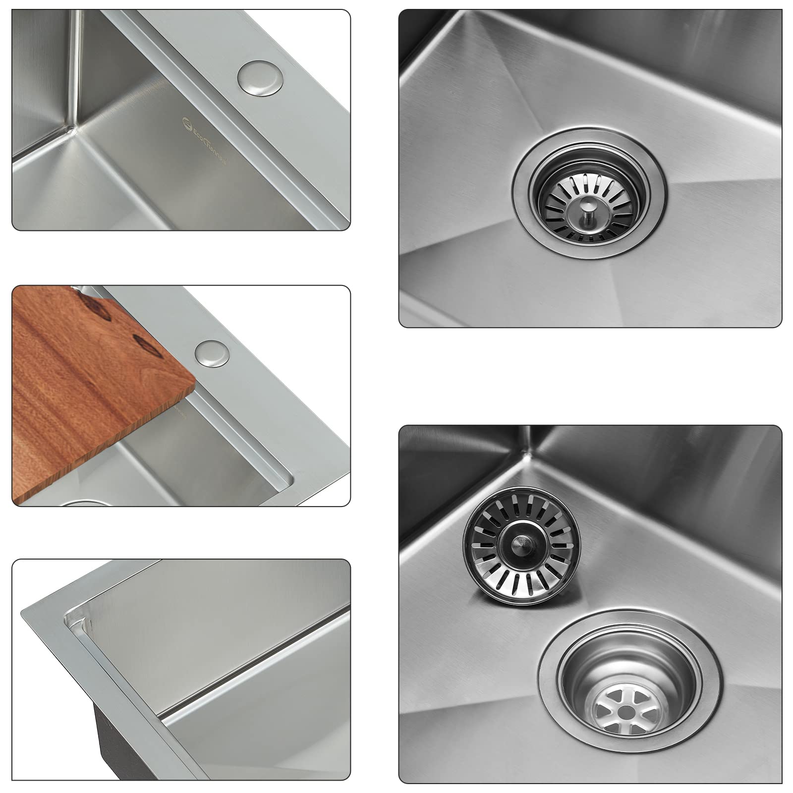 EcoChannels Kitchen Sink  17 x 19 Inch Drop-in Bar Sink Stainless Steel Topmount Kitchen Sink Single Bowl Workstation Sink