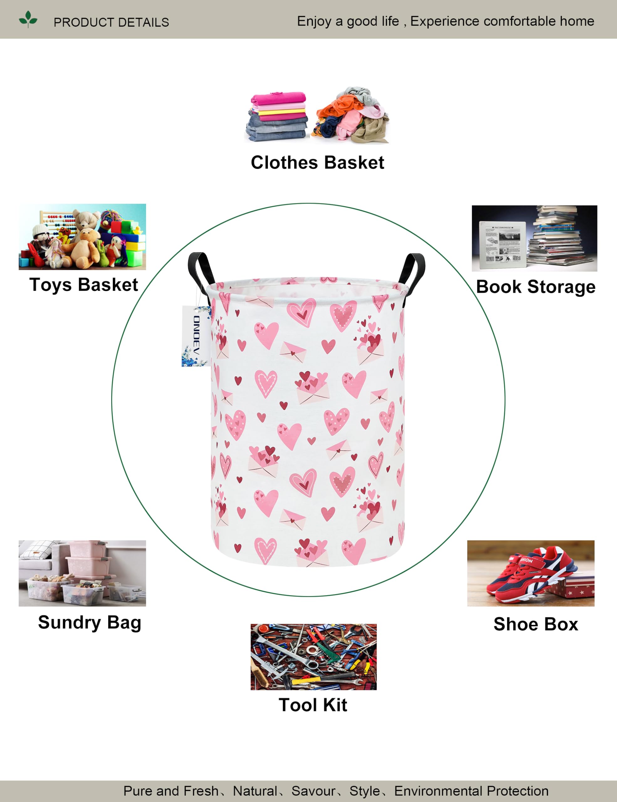 Onoev Round Waterproof Laundry Basket,Laundry Hampers With Handle,Gift Basket,Suitable For Children'S Room And Toy Storage (Pink