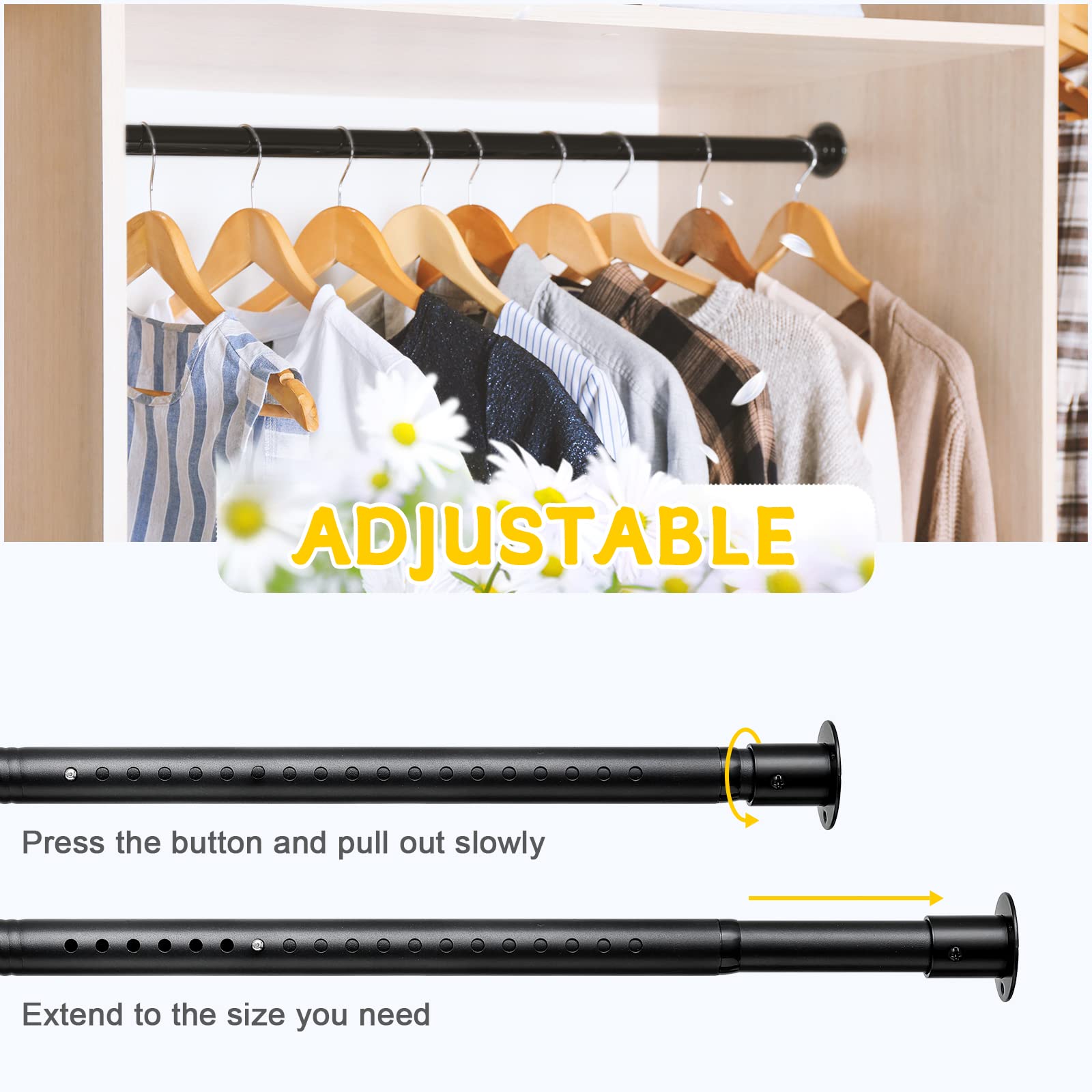 Factiongarden Closet Rod, 17 To 96 Inch Adjustable Closet Rods For Hanging Clothes Heavy Duty Closet Hanging Rod Metal Black Clo