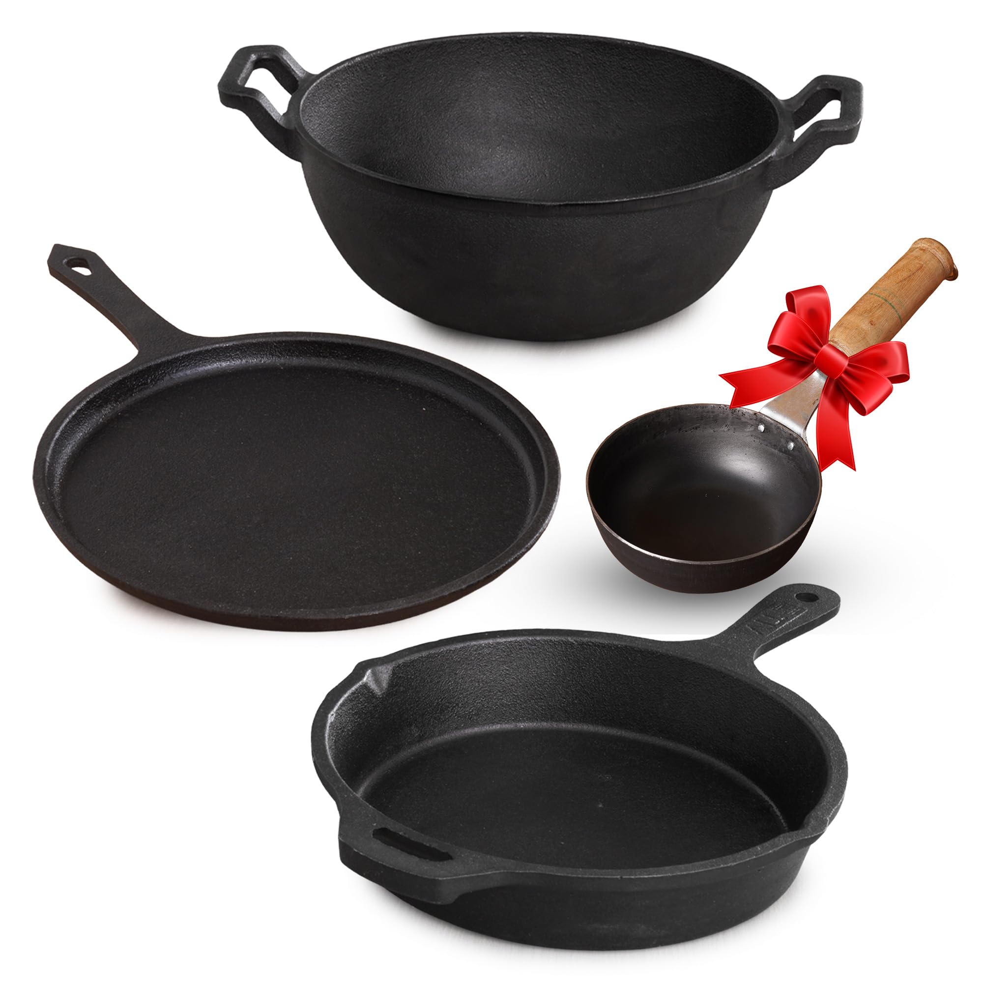 The Indus Valley Pre-Seasoned Cast Iron Cookware Set + Free Tadka Pan | Tawa (25.7Cm)+Kadai (25.4/3.2L)+Fry Pan (25Cm/1.6L) | Ki