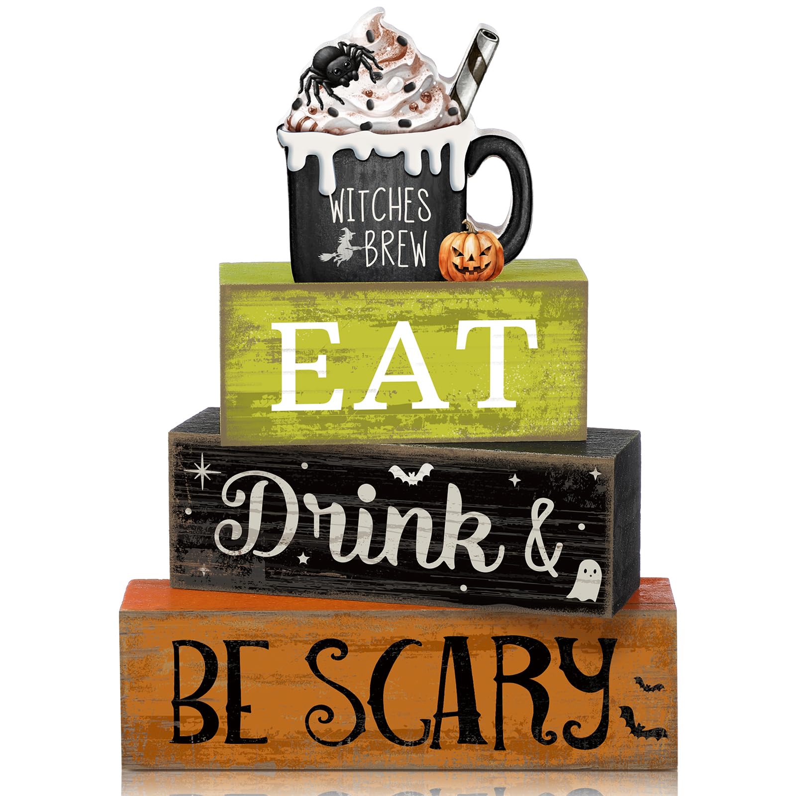 Lineshading 4 Pcs Halloween Table Decor - Eat Drink & Be Scary Witch Brew Themed Stackable Block Signs, Rustic Farmhouse Hallowe