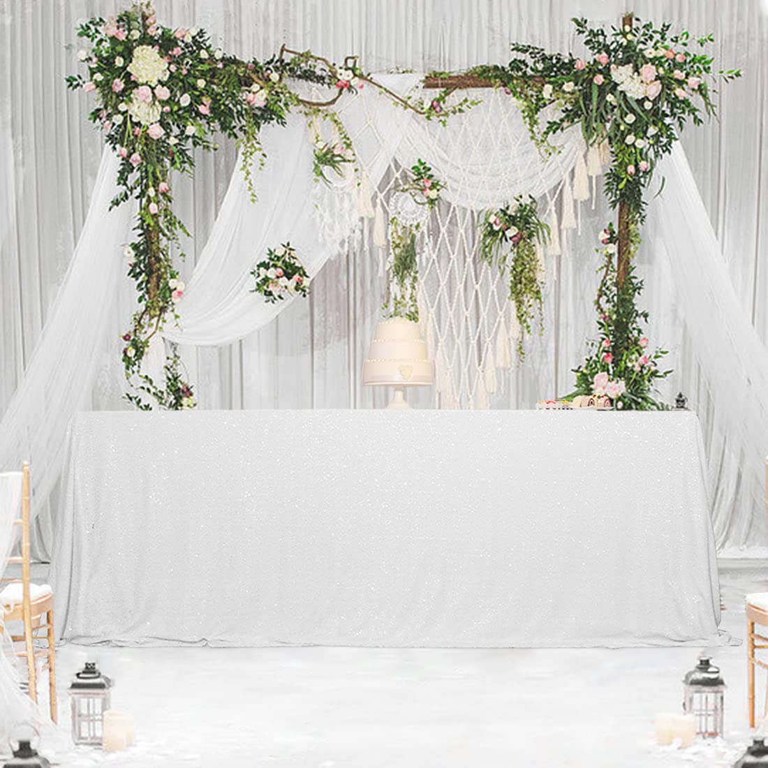 Squarepie Sequin Tablecloth 90 X 132 Inch White Sparkly Table Cloth For Wedding Party
