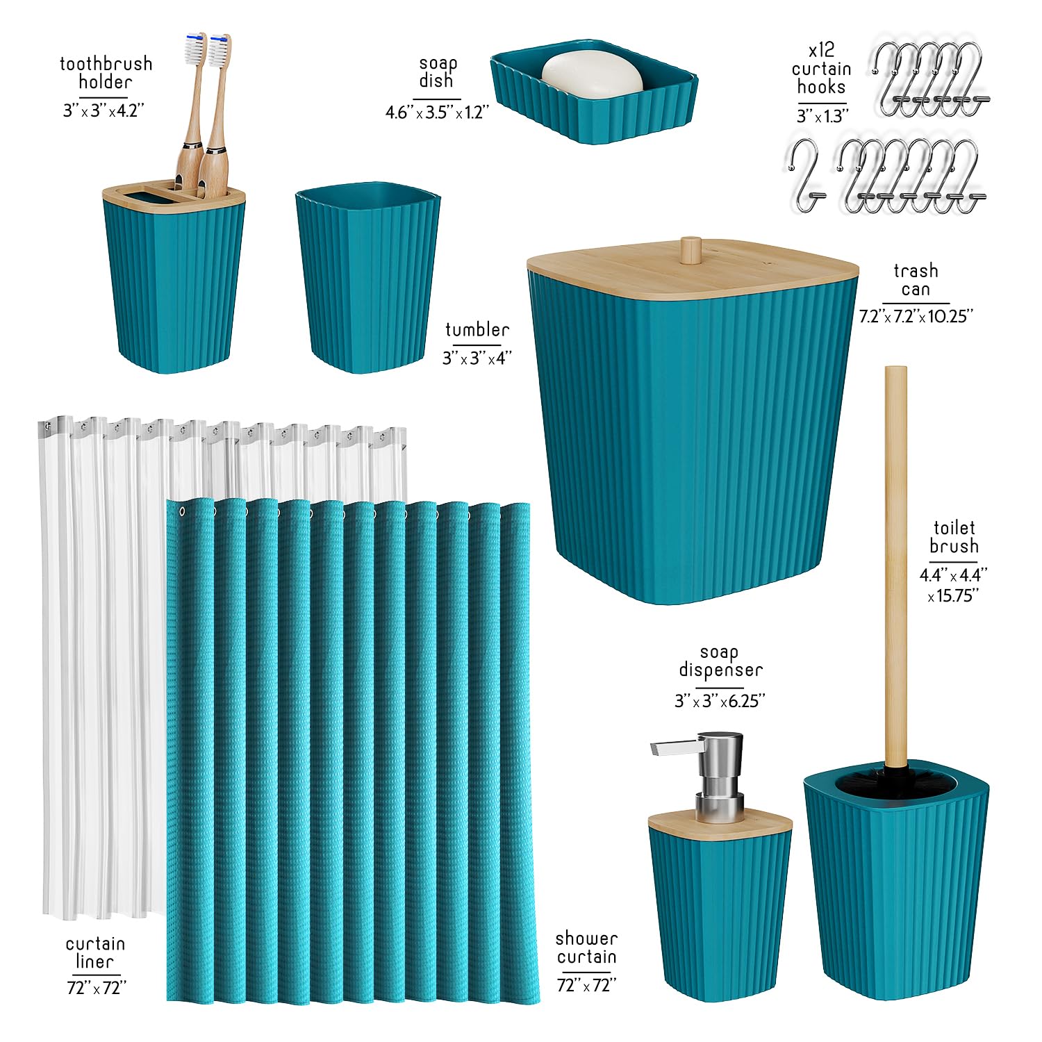 Clara Clark Bathroom Accessories Set - Teal Bathroom Set, 20Pc Bathroom Accessory Set, Shower Curtain Set, Toilet Brush, Trash C