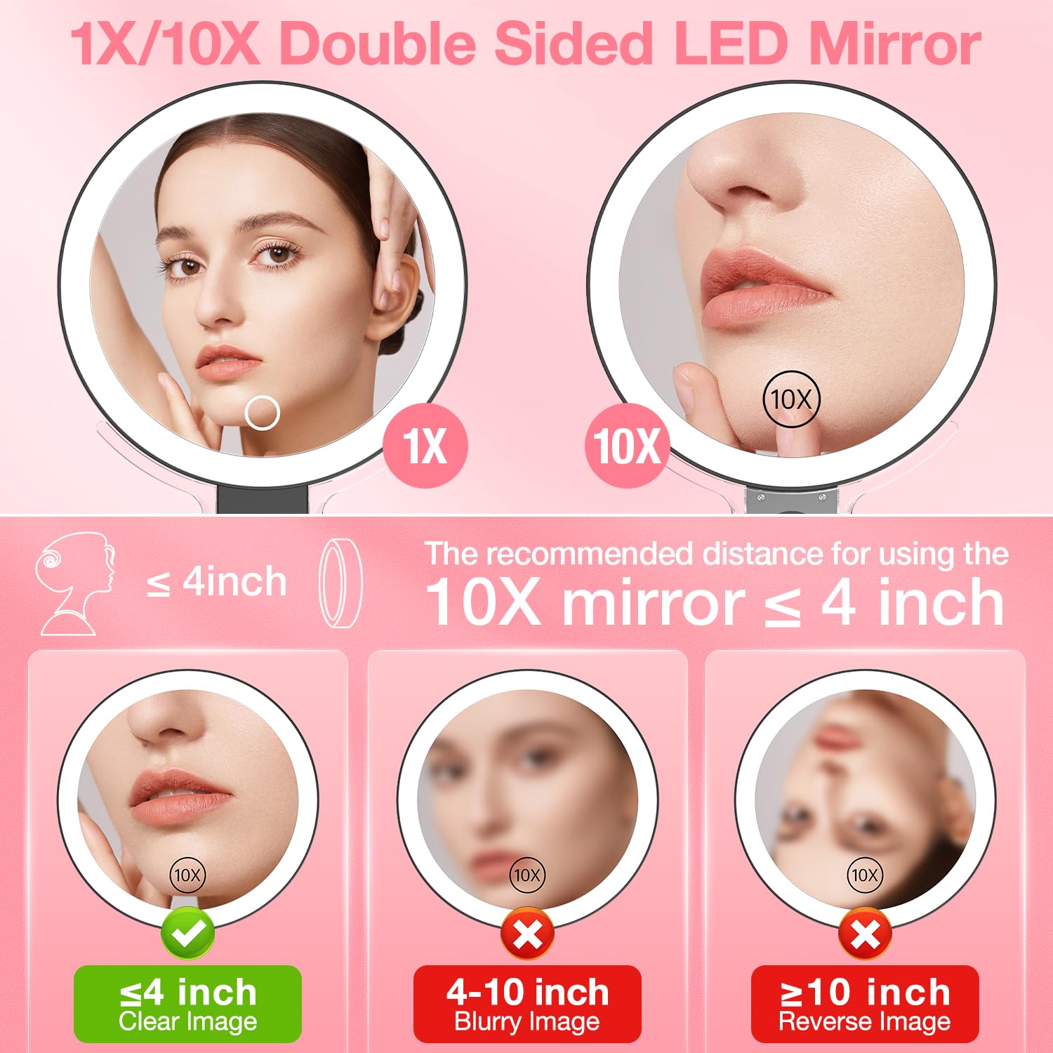 Benbilry Lighted Travel Makeup Mirror With 10X Magnification & 3 Color Lights, Adjustable Brightness & Stand, Tabletop & Hanging