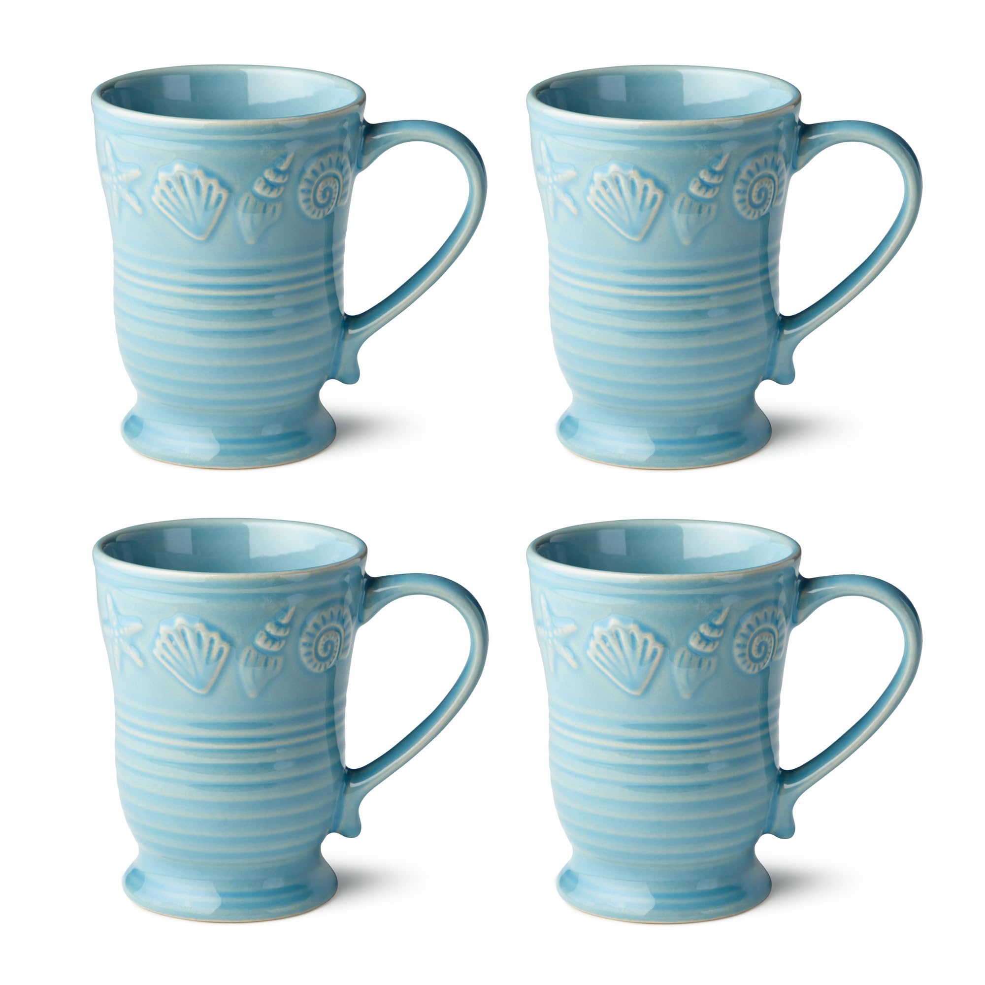 Coastline Blue Stoneware MUGS SET of 4, 18 oz embossed coastal shell and starfish mugs with glossy seablue glaze, durable beach