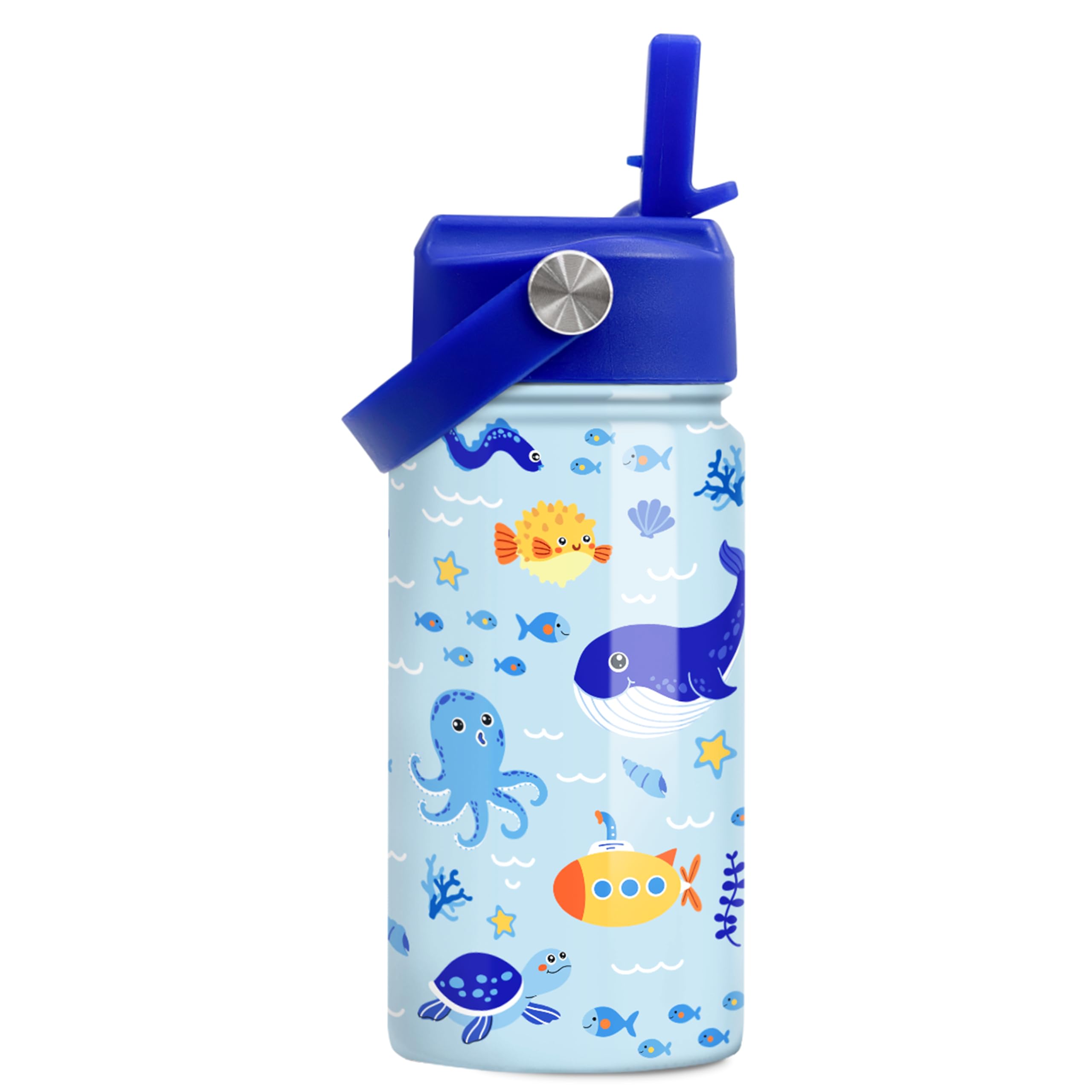 SANDJEST Kids Water Bottle with Straw Lid - 12 Oz Insulated Stainless Steel Ocean Water Bottles for Kid Boys - Travel Cup for Sc