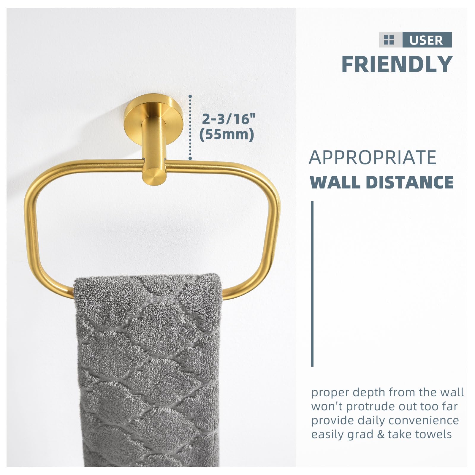 Angle Simple Swivel Towel Ring, Sus 304 Stainless Steel Hand Towel Holder Hanger For Bathroom Wall, Brushed Gold