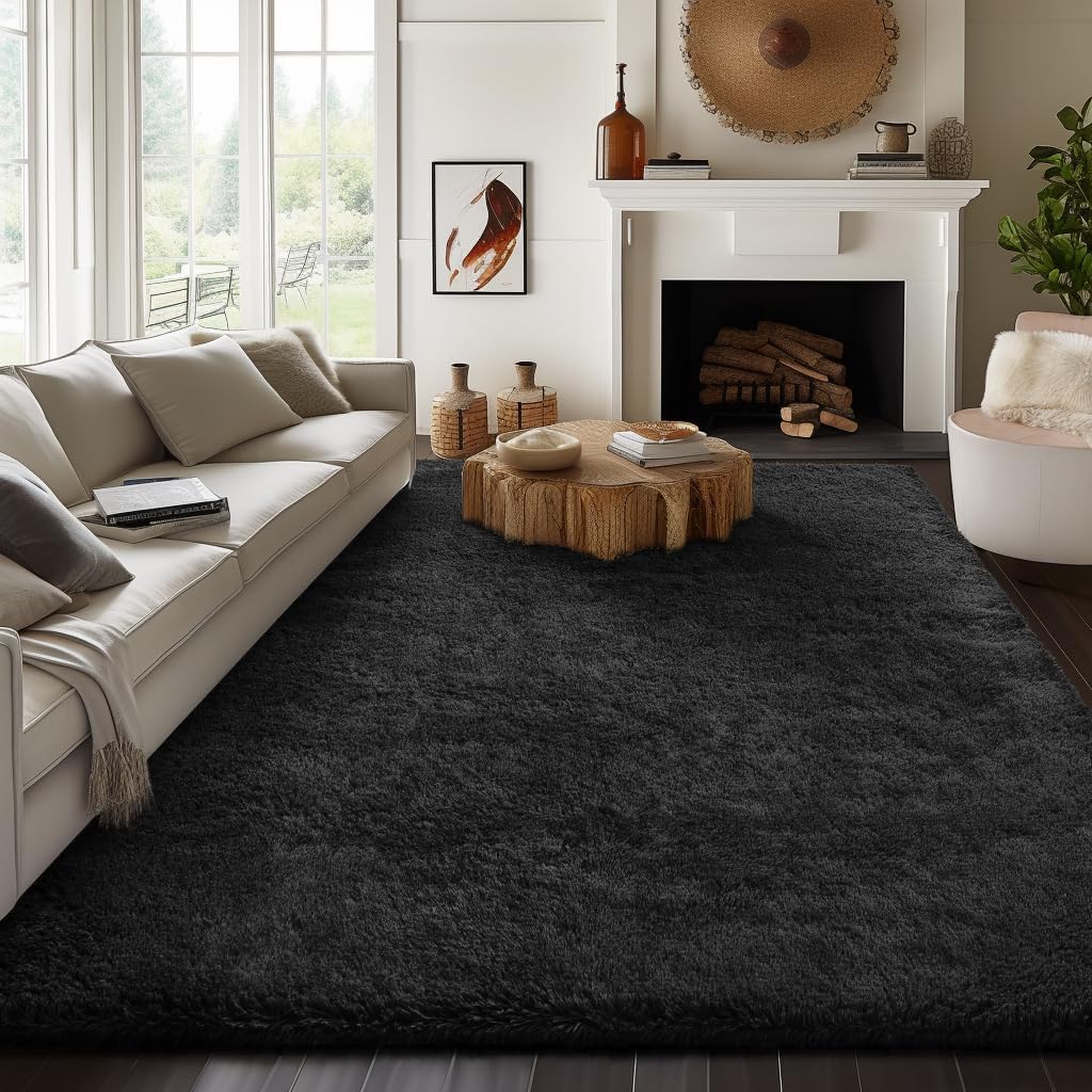Ophanie 8x10 Black Area Rugs for Living Room, Large Shag Bedroom Carpet, Big Indoor Thick Soft Shaggy Nursery Rug, Fluffy Carpet