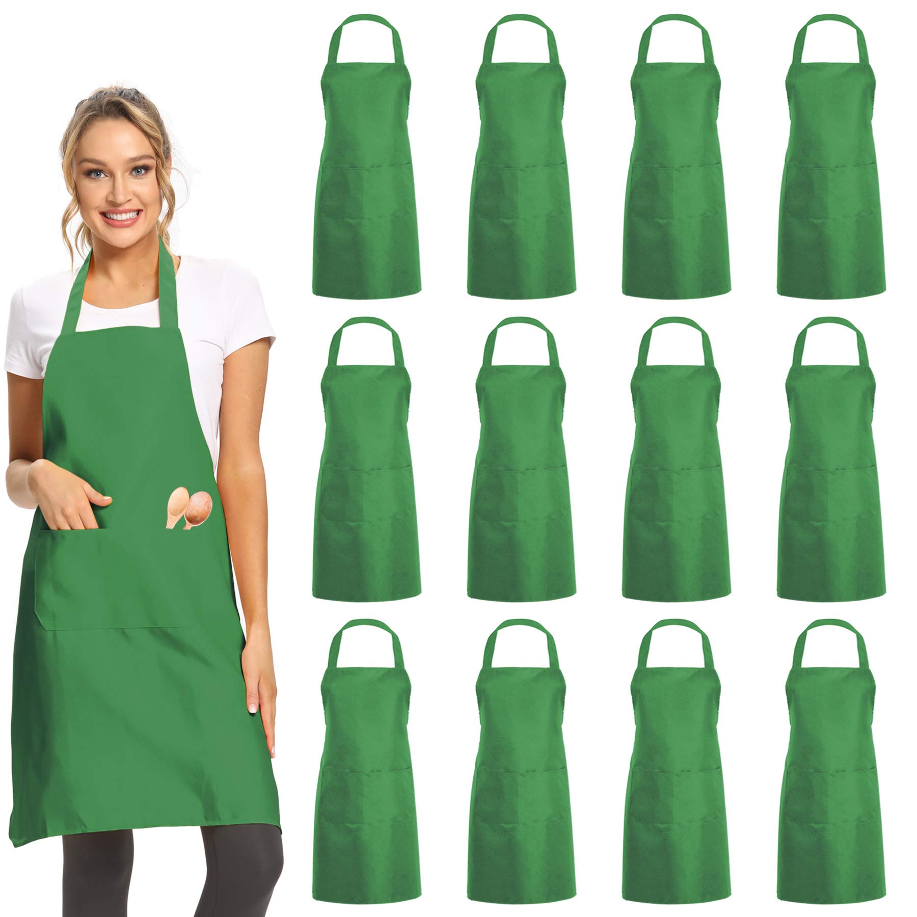 Duskcove 12 Pack Plain Bib Aprons With 2 Pockets - Green Unisex Commercial Apron Bulk For Kitchen Cooking Restaurant Bbq Paintin