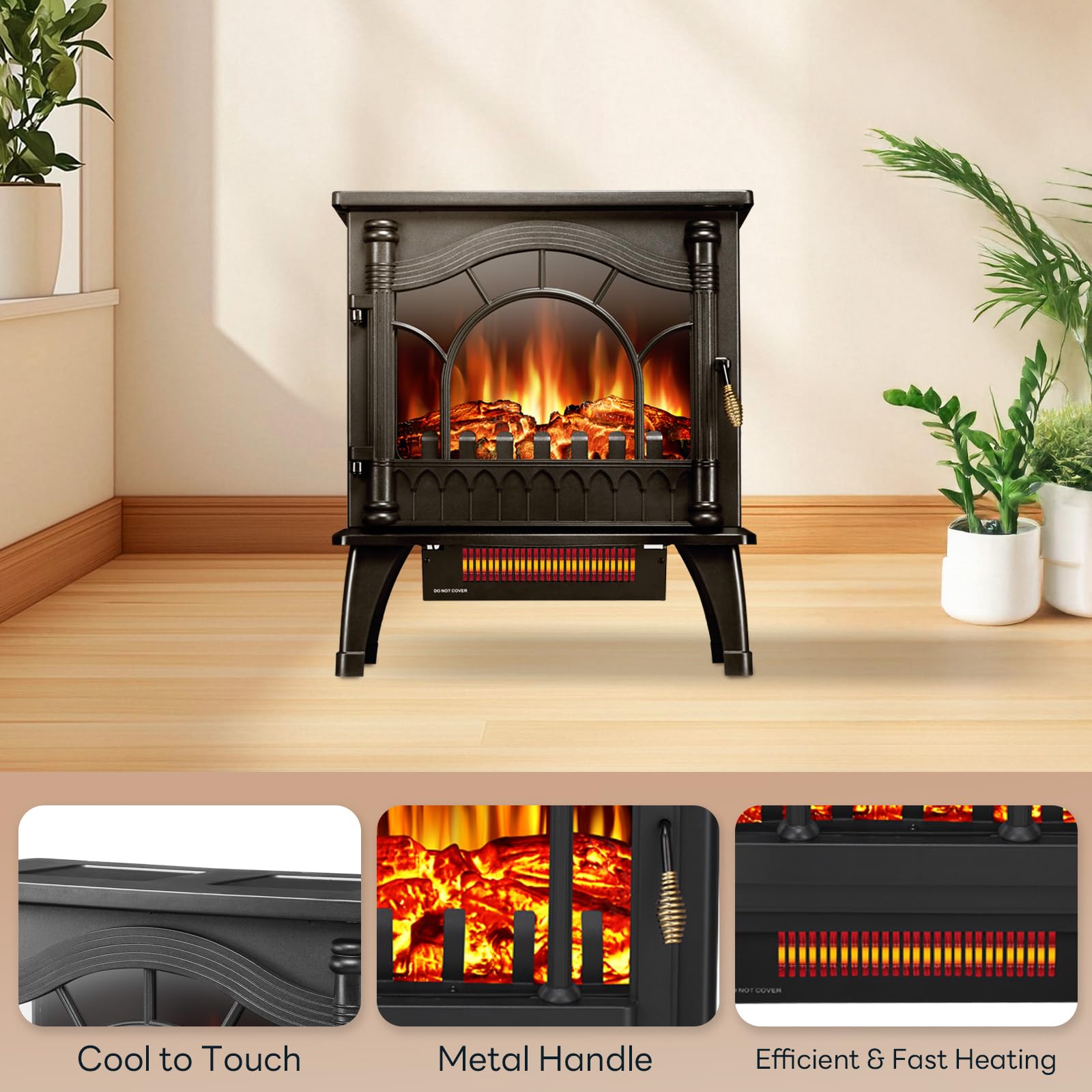 ZAFRO Freestanding Electric Fireplace Stove with Realistic Flame, 5100 BTU Electric Fireplace Heater with Retro Design, 1000W/15