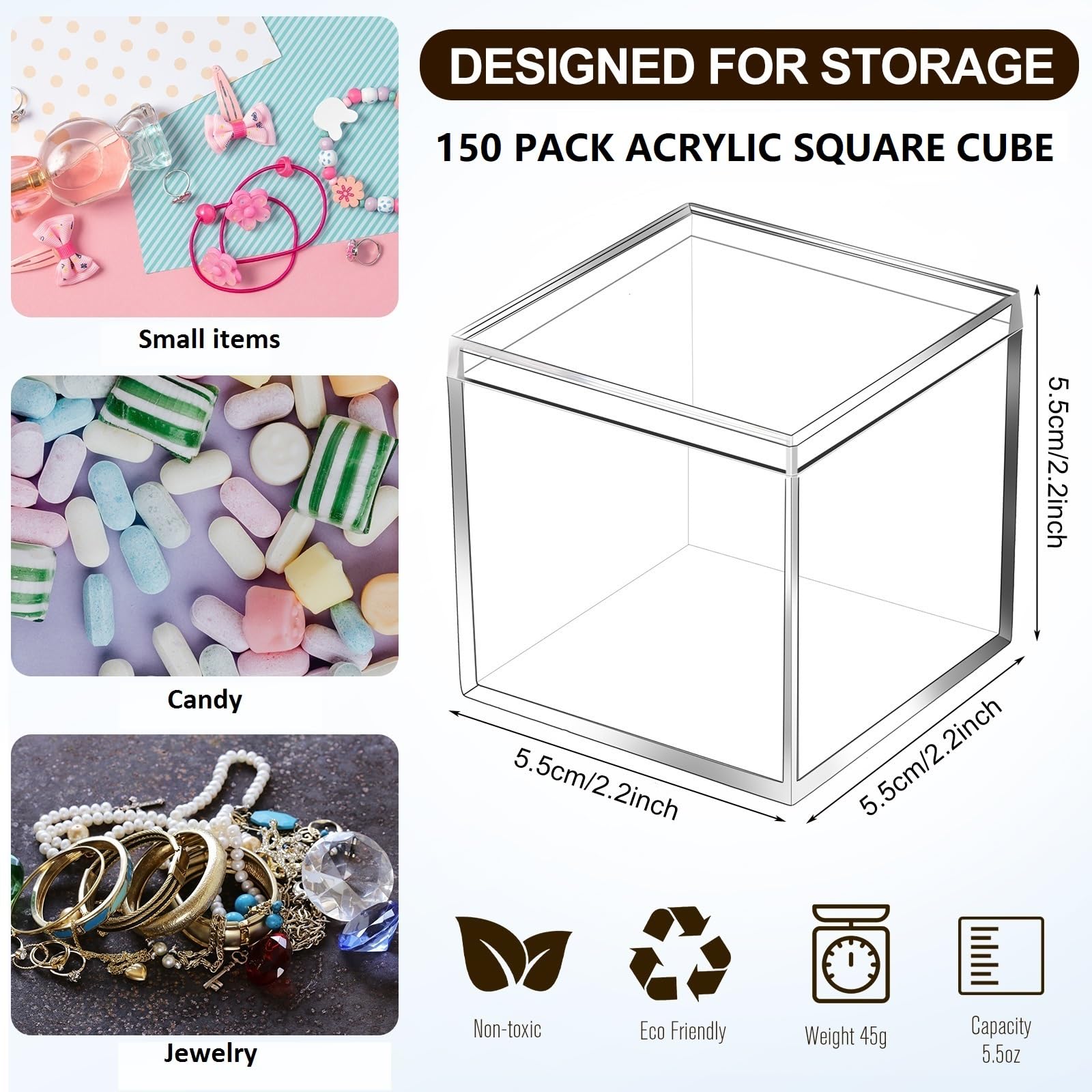 Tuanse 150 Pcs Acrylic Box with Lid Clear Small Acrylic Box Plastic Square Cube with Lid Mini Containers Display 2.2 x 2.2 x 2.2