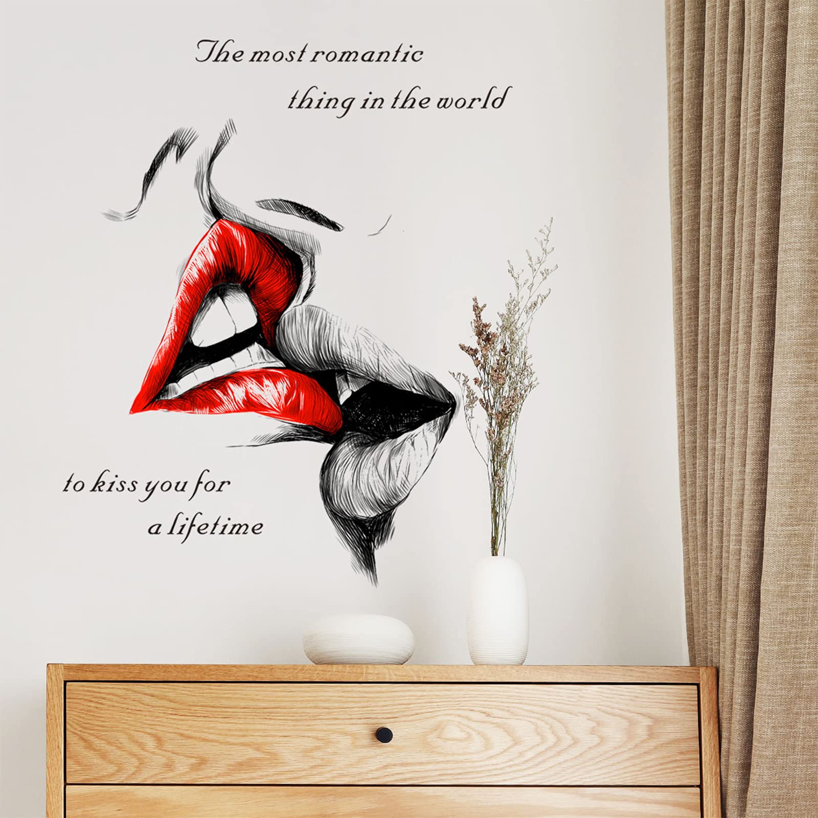 Cokoyy Sexy Red Lips Kiss Wall Decals, Kiss You For A Lifetime Quotes Wall Stickers, Kissing Lips Fashion Silhouette Mural, Remo