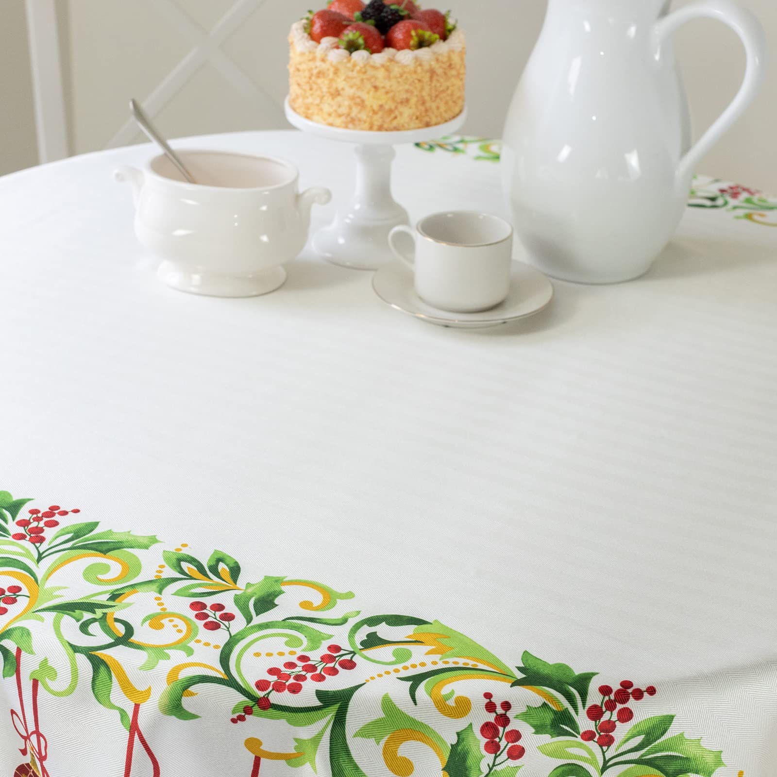 Benson Mills Holiday Trimmings Printed Fabric Table Cloth, Holiday, Winter, And Christmas Tablecloth (70'' Round)