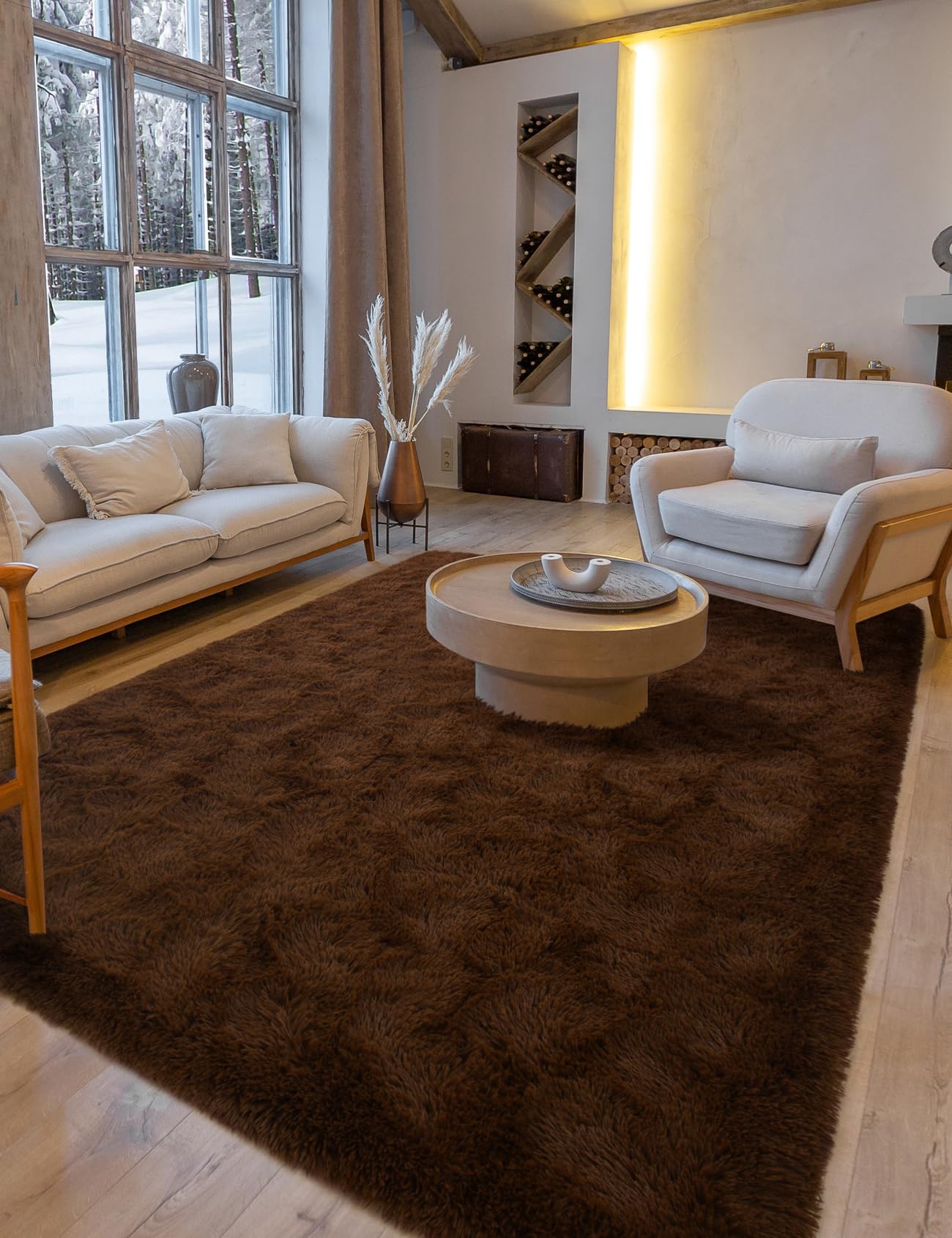 Macgace Fluffy Area Rugs for Bedroom Decor Aesthetic, 5x7 Brown Shag Rug with Non-Slip Dots for Living Room, Furry Plush Mat Was
