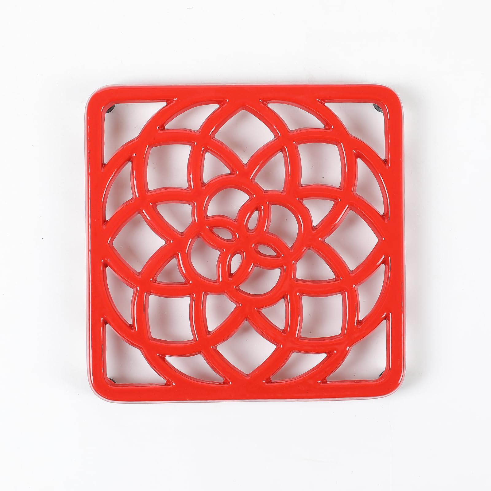 Hawok Enameled Cast Iron Square Trivet With Rubber Pegs, Metal Trivet For Hot Dishes, Red
