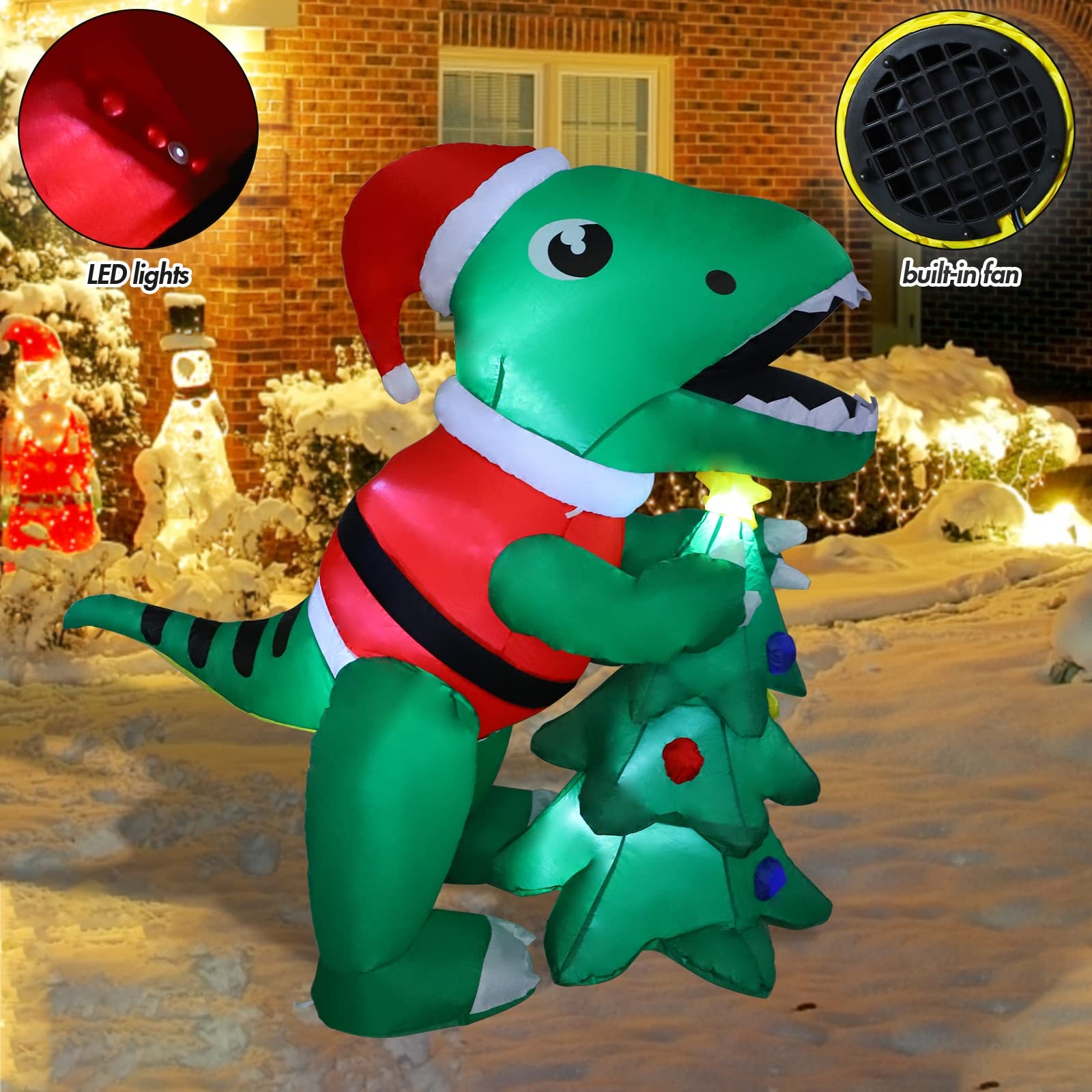 MorTime 5 FT Christmas Inflatable Dinosaur with Gift Box, Blow up Yard Prop Lighted Animated Green Dinosaur Wearing Christmas Ha