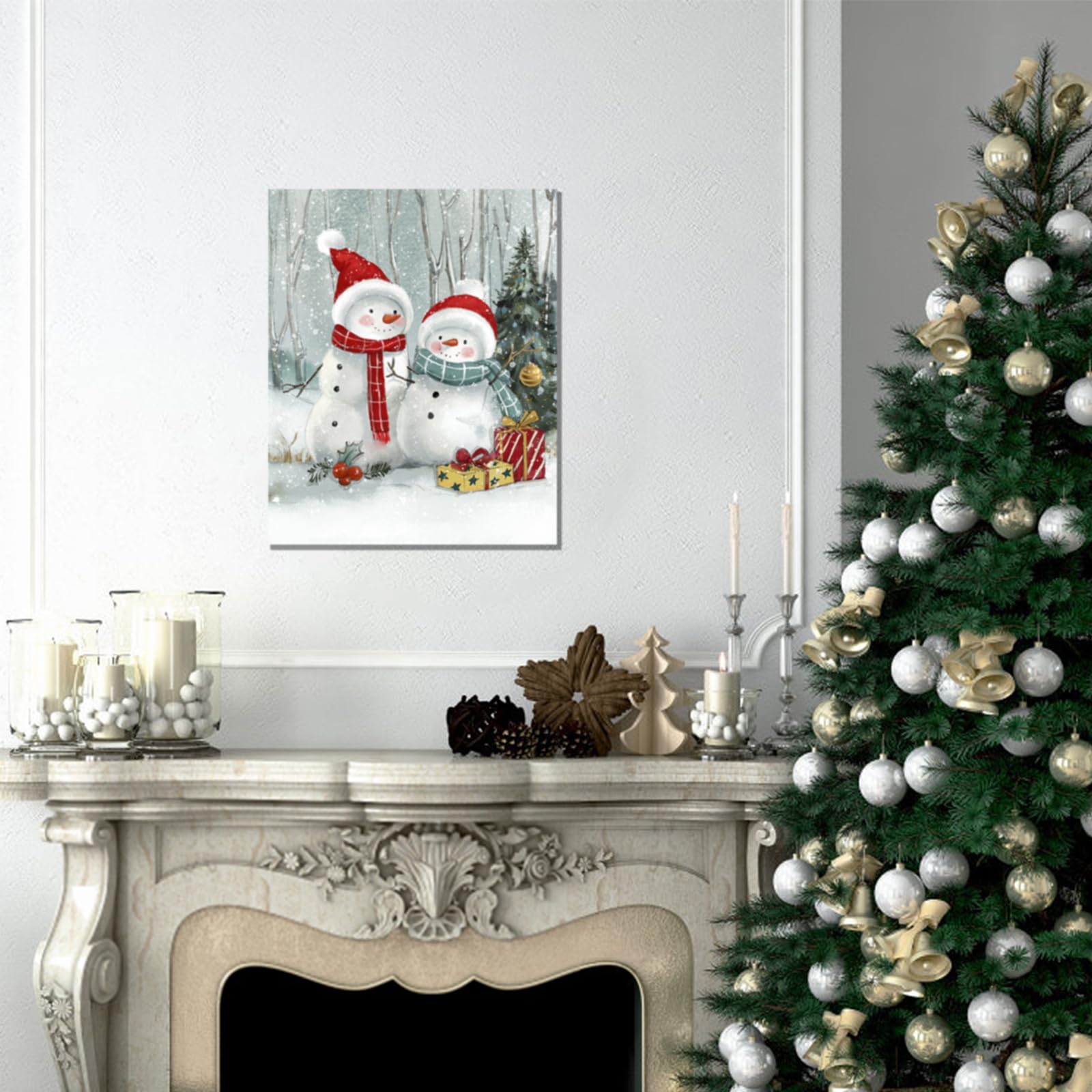 YPY Snowmen Canvas Wall Art - 12"x15" Winter Decor, Cute Christmas Gift for Mom, Framed Artwork