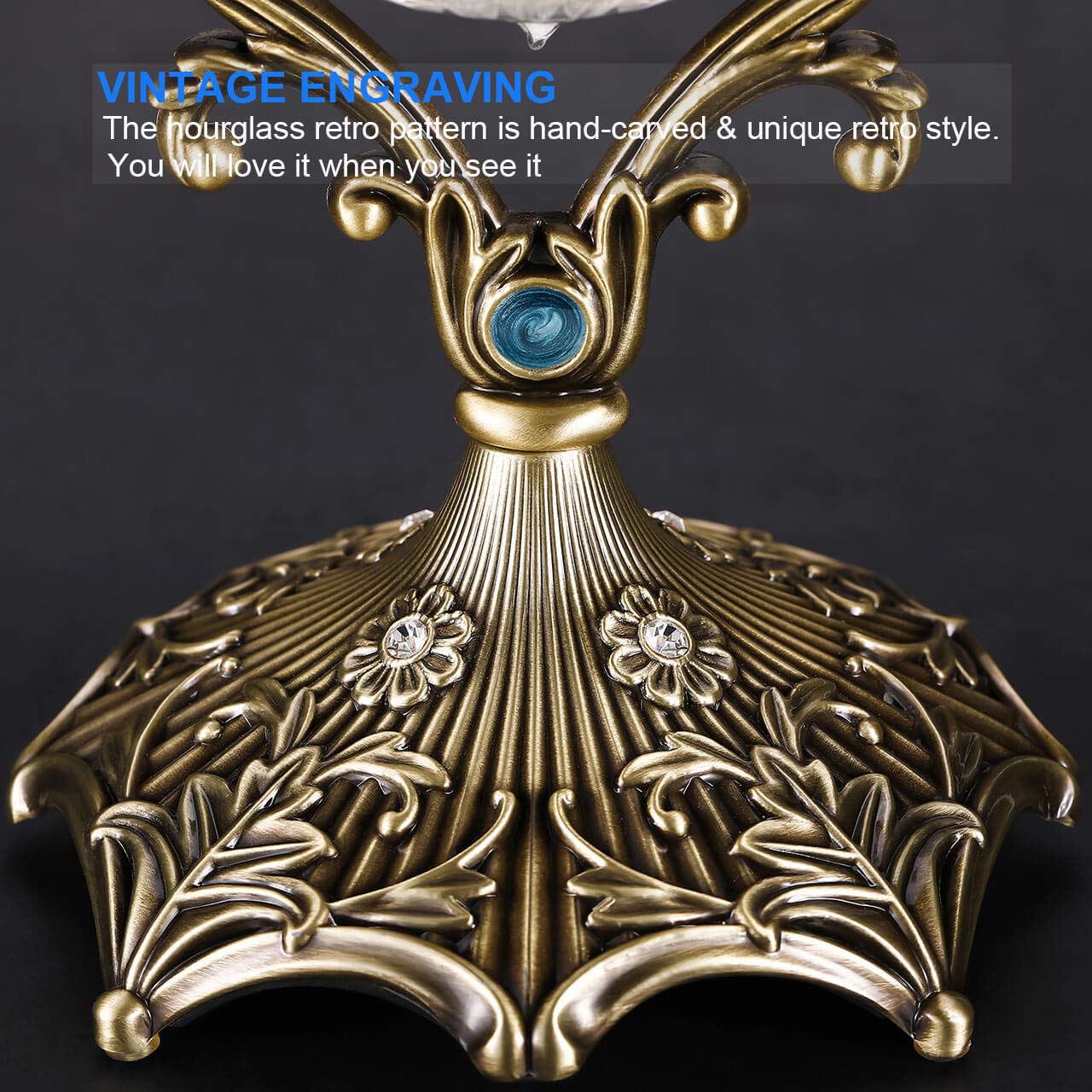 Suliao 60 Minute Hourglass Sand Timer, Vintage Engraved Brass Black Sand Clock, Unique Rotating Sand Watch 60 Min, Antique Large