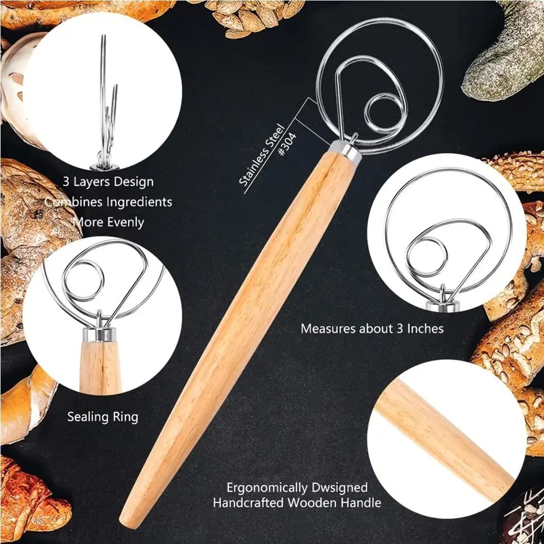 Danish Dough Whisk 13'' Stainless Steel Bread Whisk Bread Making Tools Danish Dough Hook Bread Dough Mixer Hand Bread Dough Whis