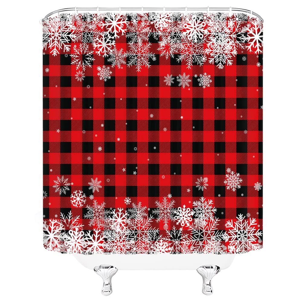 Jirgixa Rustic Christmas Shower Curtain Red Black Buffalo Check Plaid White Snowflake Vintage Farmhouse Winter Holiday Merry Chr