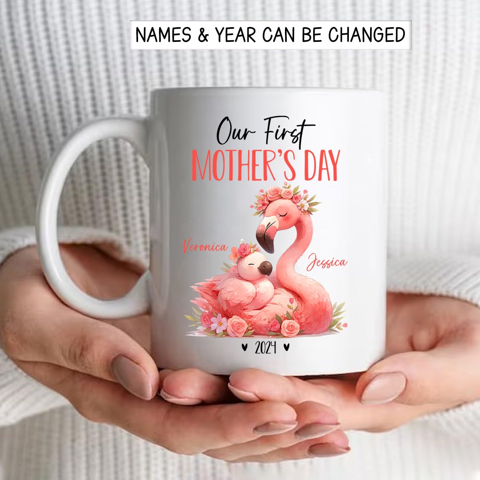 Pink Flamingo Mug For Animal Lovers, Personalized Mom And Baby Flamingo Ceramic Mug, Mother Flamingo & Baby Coffee Cup, Our Firs