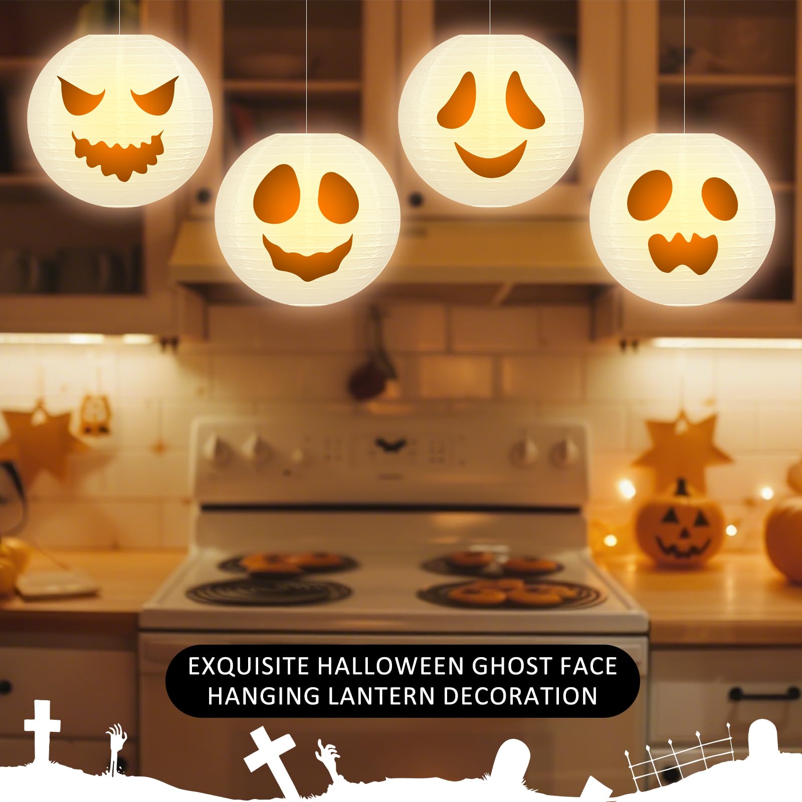 Glooglitter 8 Pcs Halloween Ghost Lanterns Light up Ghost Decor 8 Inch Fabric Halloween Lanterns Outdoor Indoor Decorations for