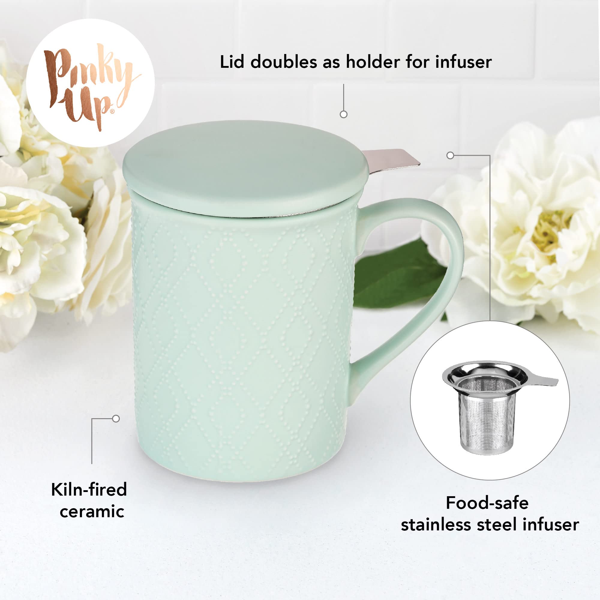 Pinky Up Annette Ceramic Tea Mug And Loose Leaf Tea Infuser, Loose Leaf Tea Accessories, Tea Tumbler Cup, Mint, 12 Oz