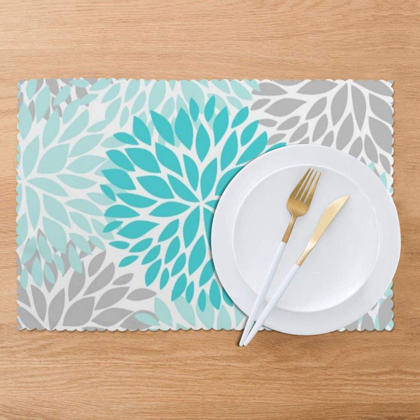 Turquoise Blue And Gray Placemats Set Of 6, Washable Table Place Mats For Kitchen Dining Home 12 X 18 Inch