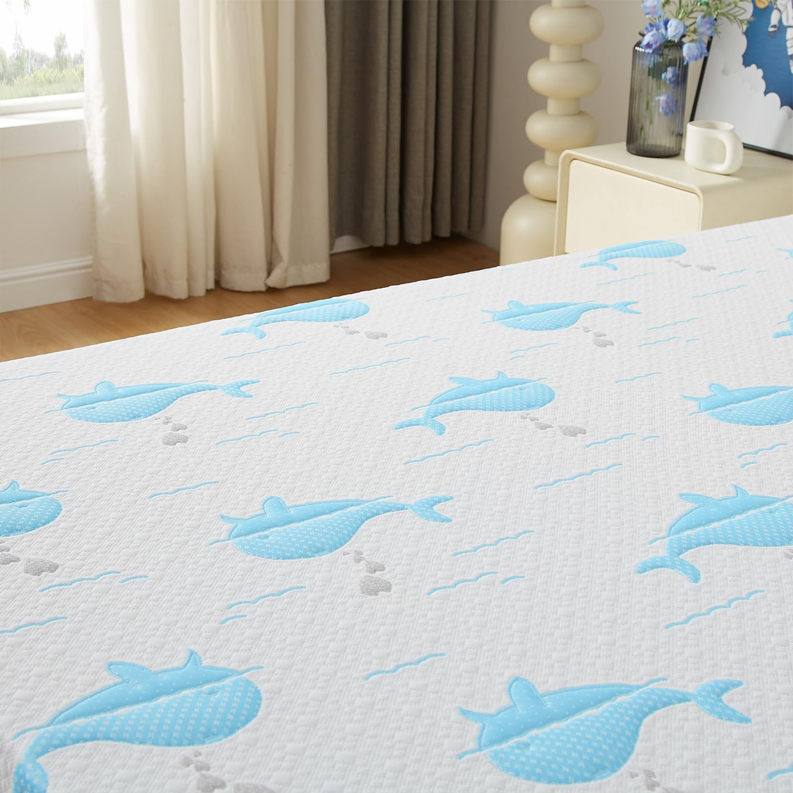 Ouui 6 Inch Twin Mattress For Kids, Removable Washable Cover With Whales Pattern Cooling Memory Foam Medium Feel, Bed-In-A-Box,