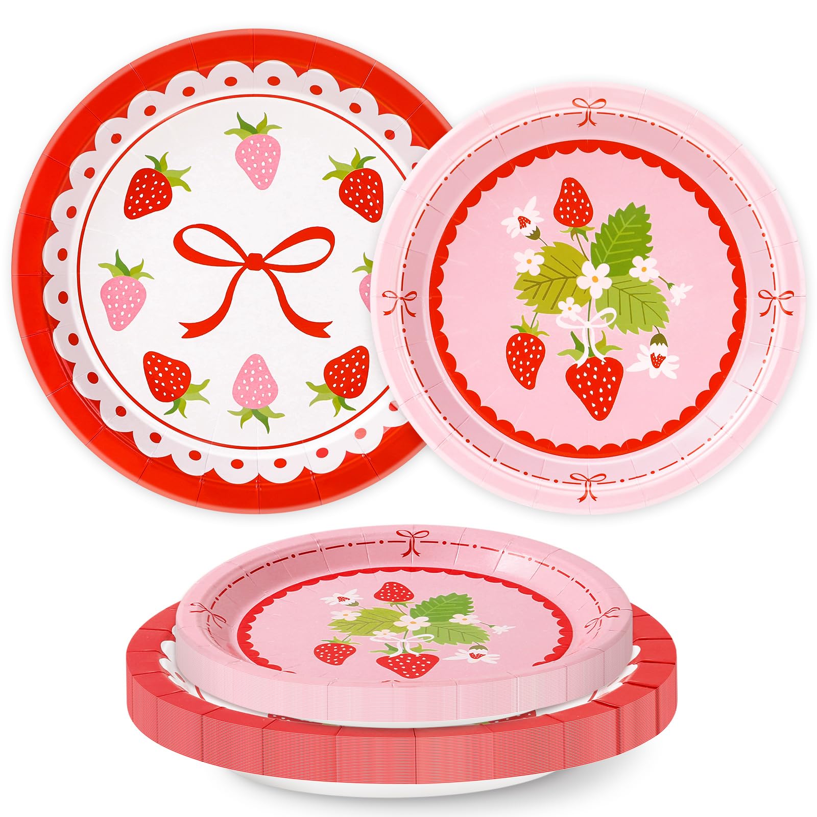 FYSUIMU 50Pcs Strawberry Paper Plates Bow Strawberry Floral Disposable Plates 7 & 9 Inch Red Pink Cute Decorative Dinner Dessert