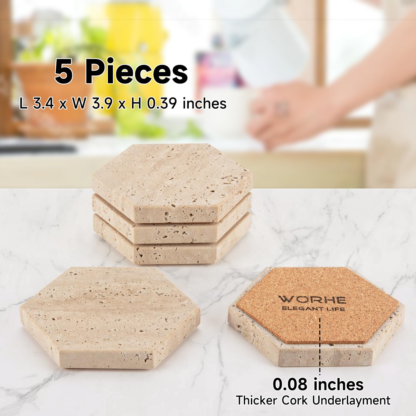 Worhe Marble Coasters Hexagon Drink Coaster Set Of 5 Natural Travertine Stone Cup Mat For Coffee Table Protection Bar Decoration