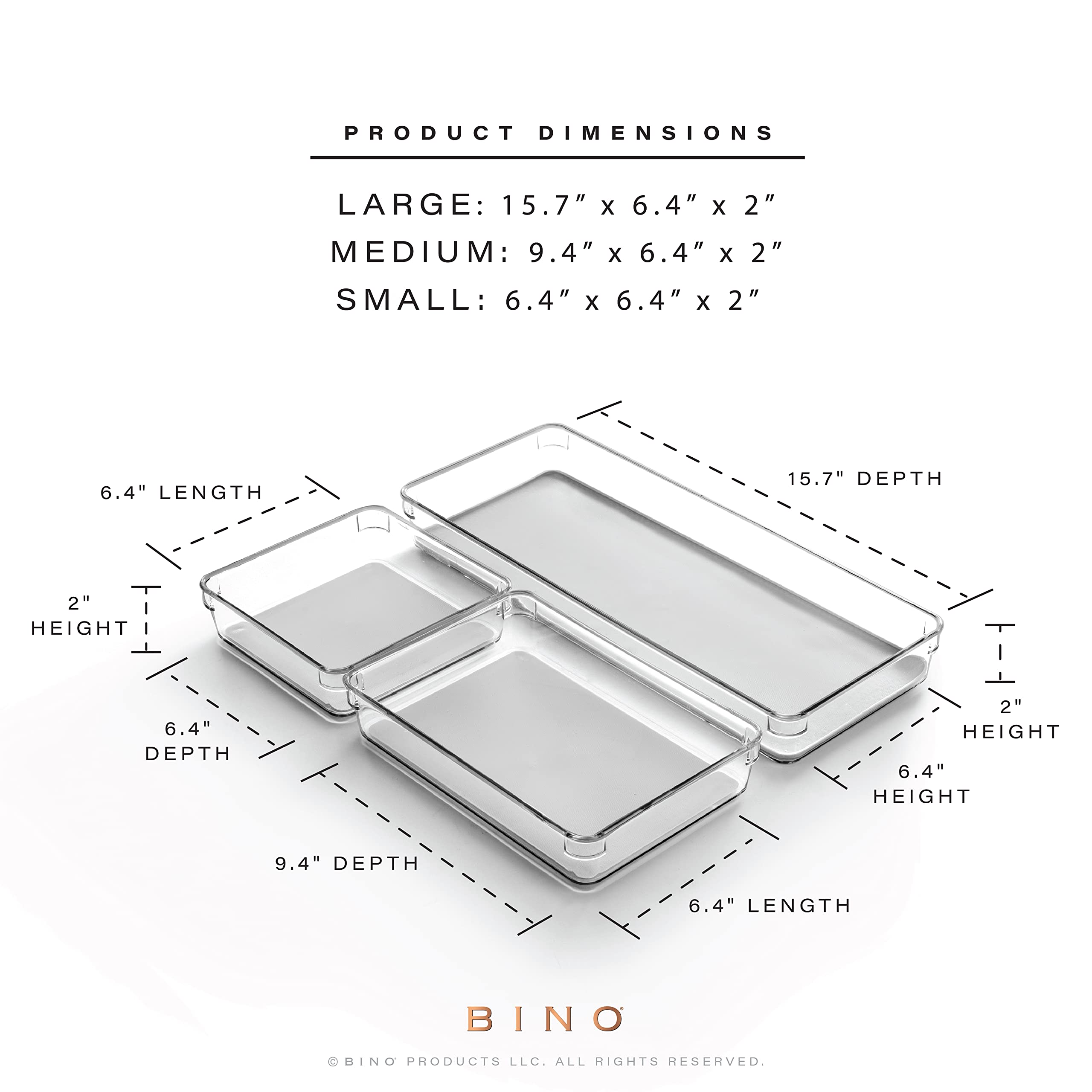 BINO | 3-Piece Drawer Organizer Bin Set - Grey, Large | THE MODULAR+ | Multi-Purpose Storage | Soft-Grip Lining and Non-Slip Rub