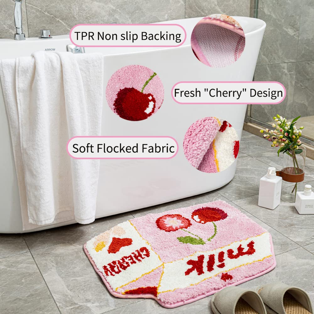 Fruit Cherry Bath Mat For Bathroom Cute Pink Bathroom Mats Non Slip Fruit Bath Mat Milk Cartoon Plush Shower Rug Absorbent Decor