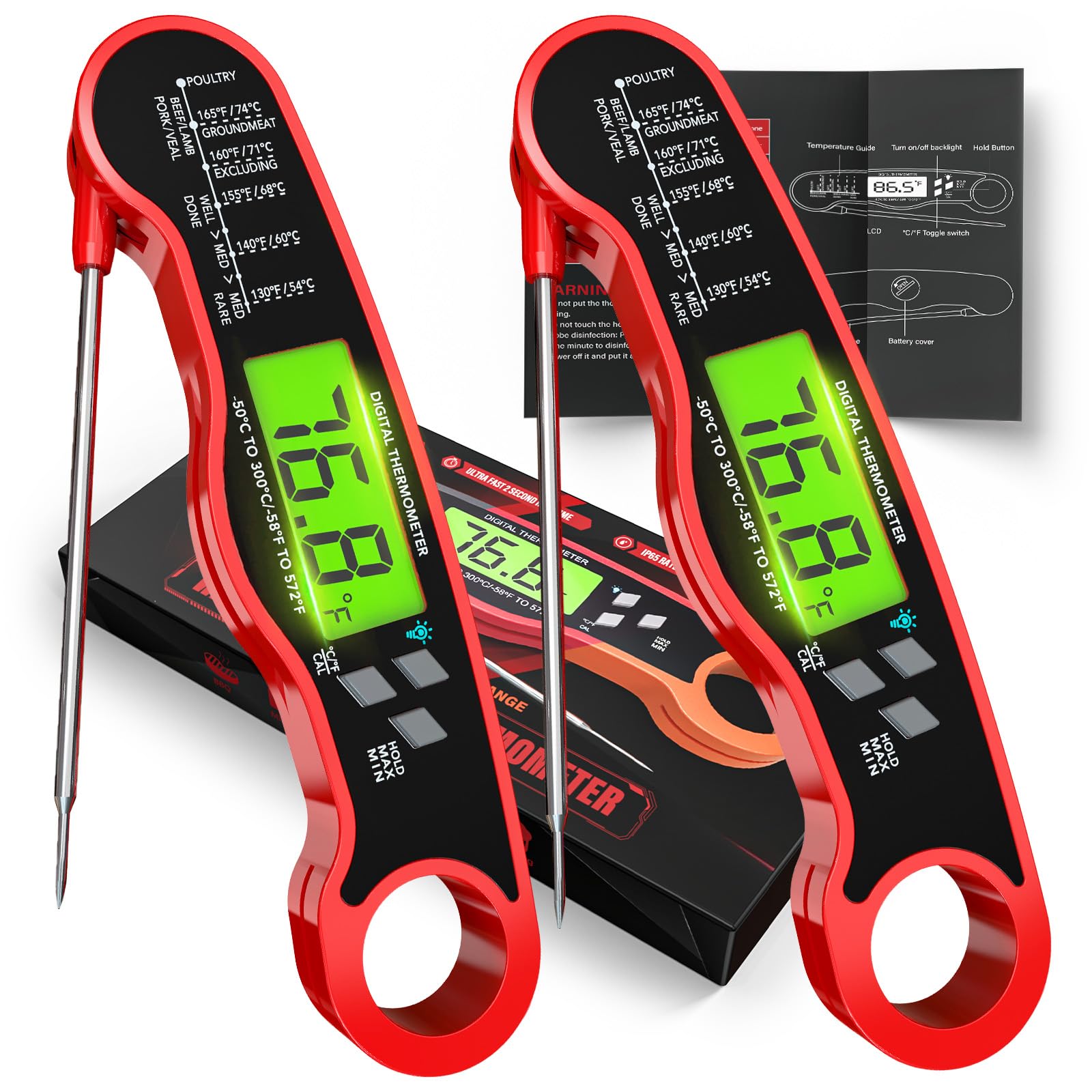 AWLKIM Digital Meat Thermometer for Cooking - IP67 Waterproof Kitchen Thermometer with Backlight and Hold, Fast Instant Read The