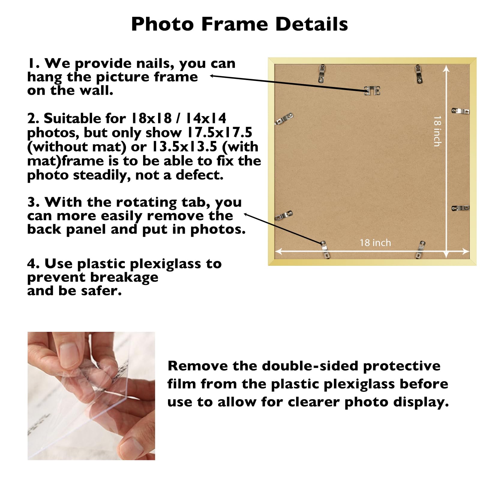 JCJMY 18x18 Picture Frame Gold with 14x14 Mat, Display Photo 14x14 with Mat or 18 x 18 Without Mat, Wall Hanging Large 18x18 Pos