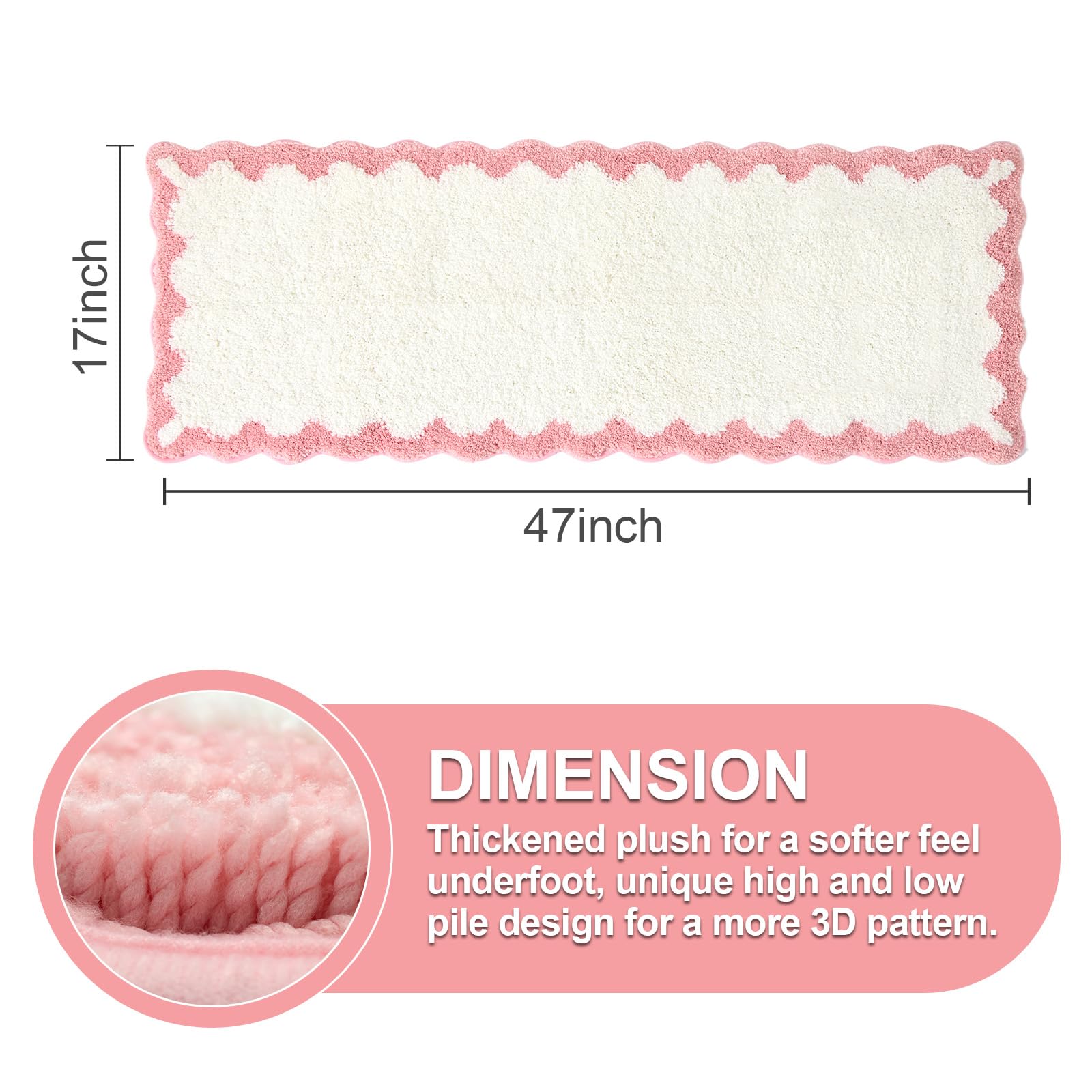 Ortigia Long Cute Scalloped Bathroom Rugs Runner, Fun White And Pink Plush Microfiber Scallop Bath Mats Non Slip Washable Quick