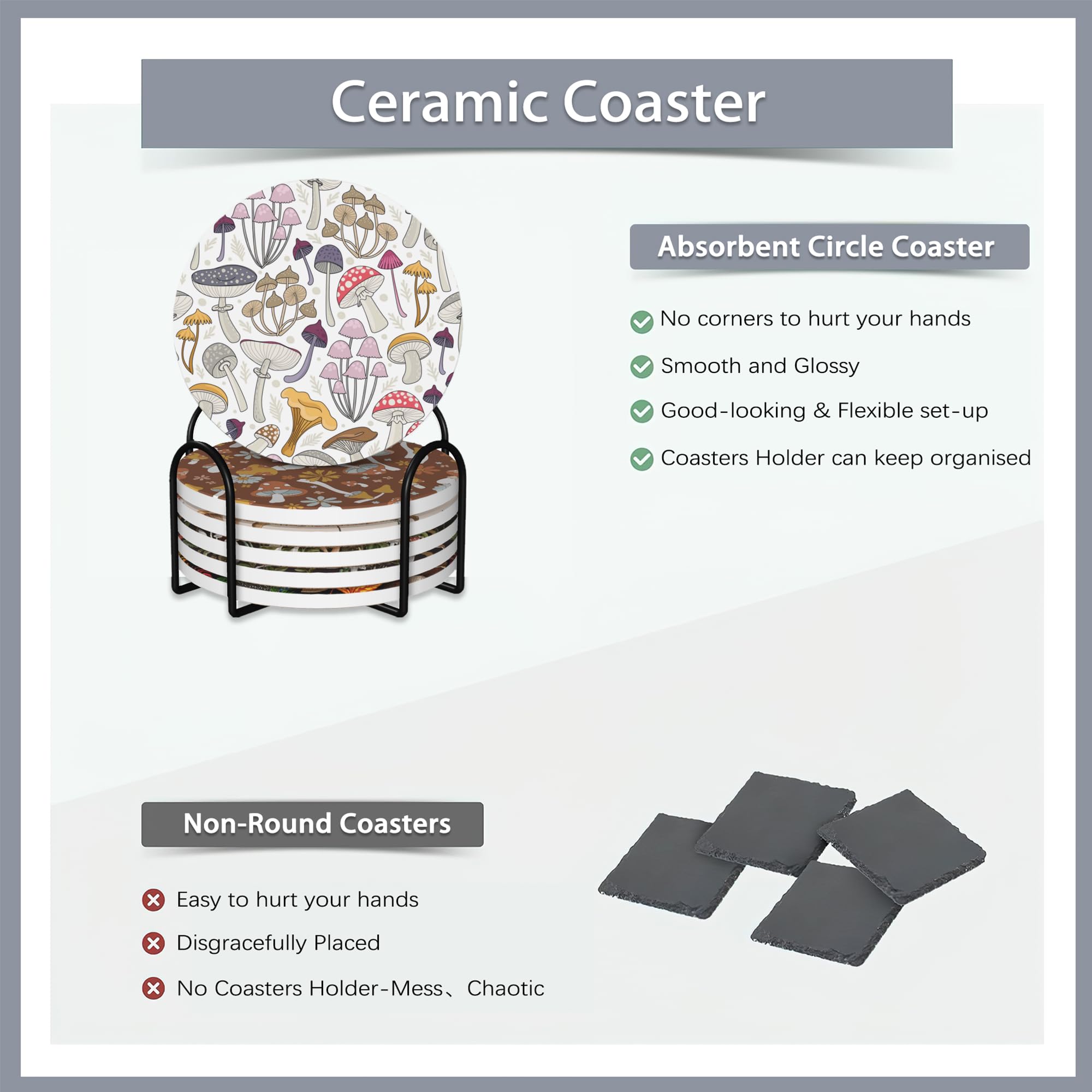 6 Pcs Coasters For Drinks With Holder,Retro Mushrooms Berries And Bugs Absorbent Coaster With Cork Backing,Great Gift For Housew