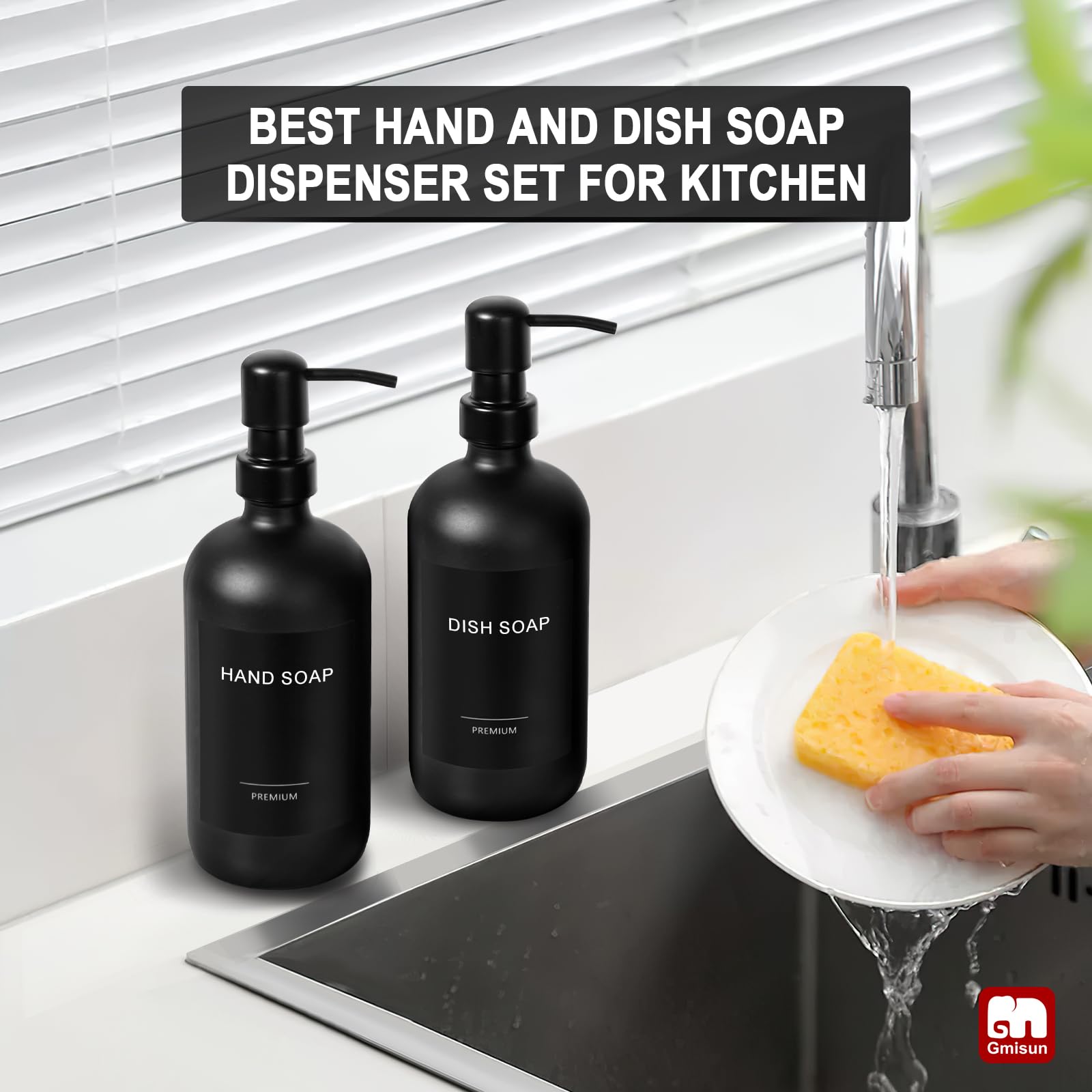 Gmisun Black Soap Dispenser, 2 Pack Matte Black Hand Soap Dispenser Bathroom With Stainless Steel Pump, 16 Oz Glass Hand And Dis