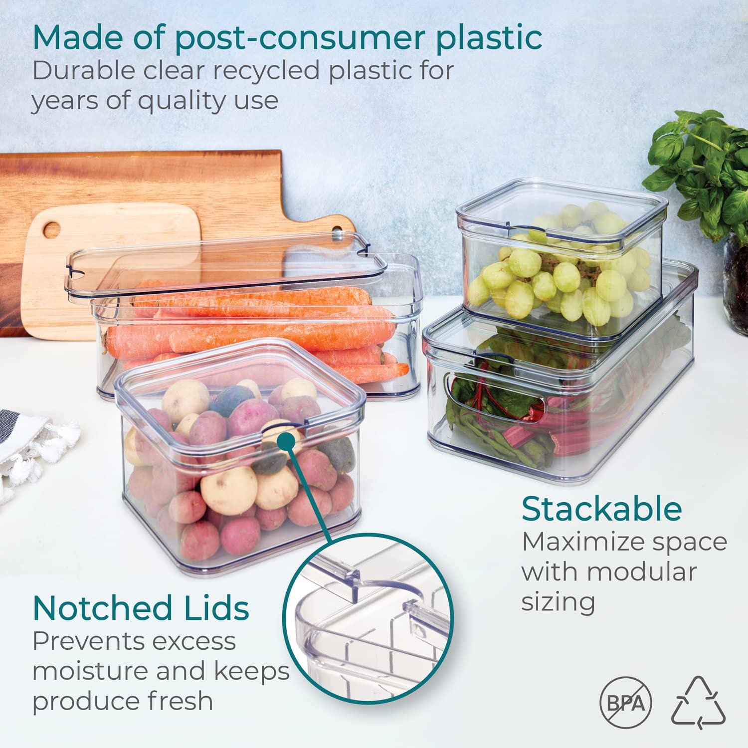 iDesign The Spruce 4-Piece Plastic Refrigerator Organizer Bin Set with Lids  Clear/White