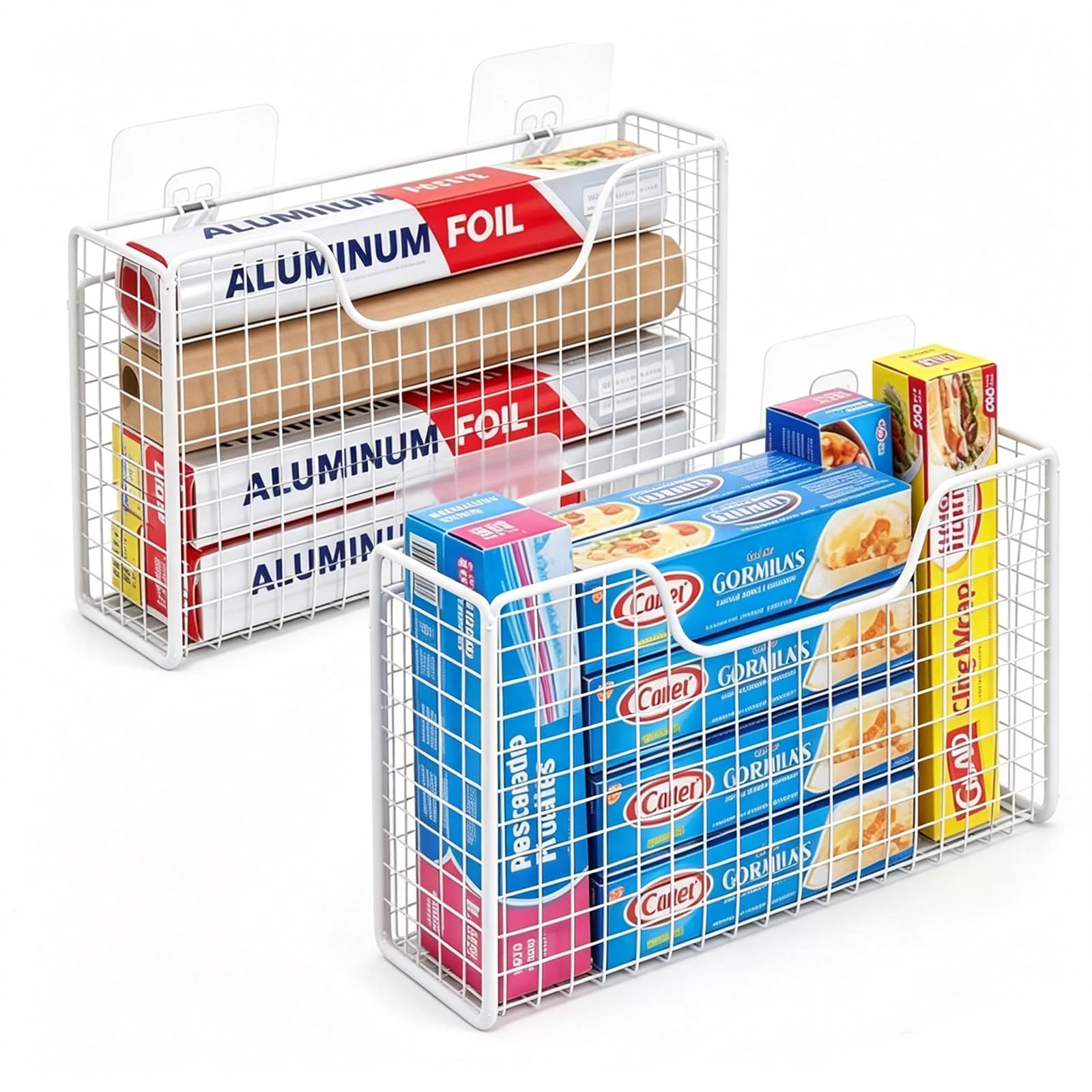 2 Pack Aluminum Foil Organizer, Foil and Plastic Wrap Organizer, Pantry Kitchen Cabinet Door Organizers, Self Adhesive Wall Moun