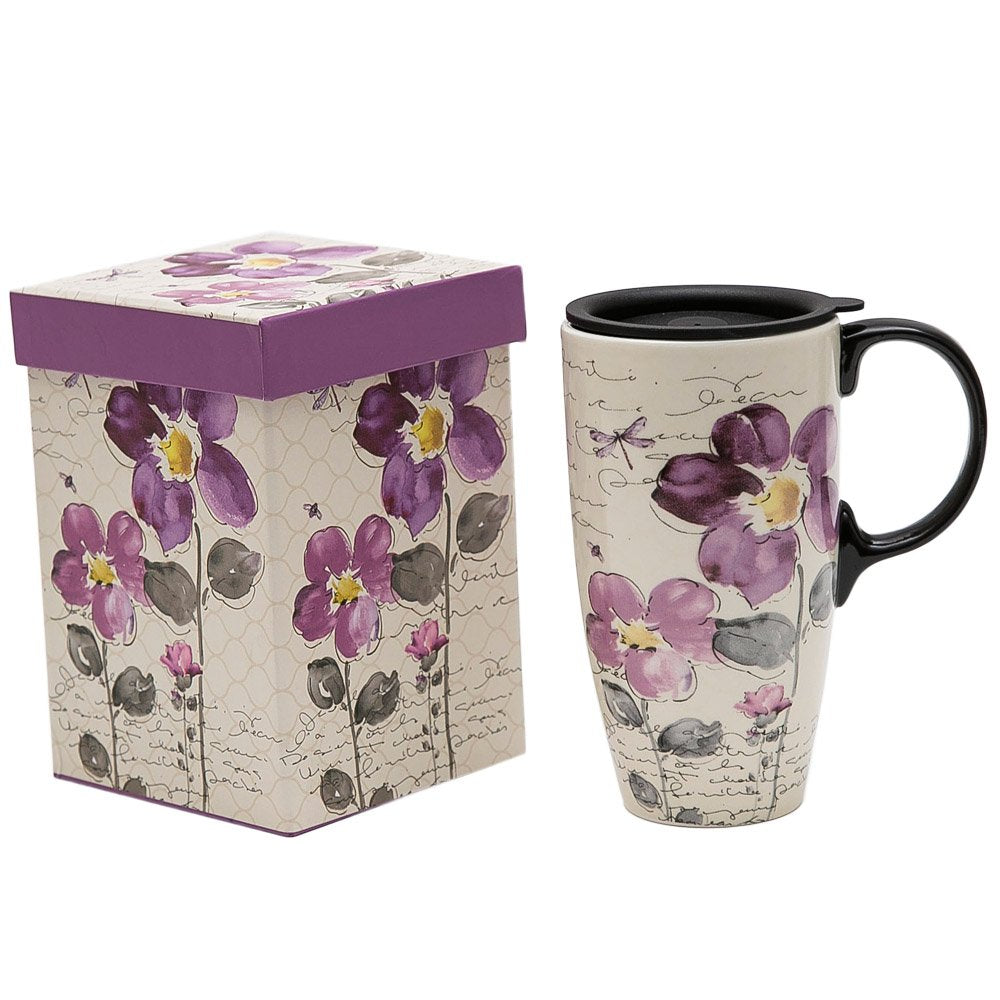 Topadorn Tall Ceramic Travel Mug 17 Oz. Coffee Cups Sealed Lid With Color Box (Purple Flower)