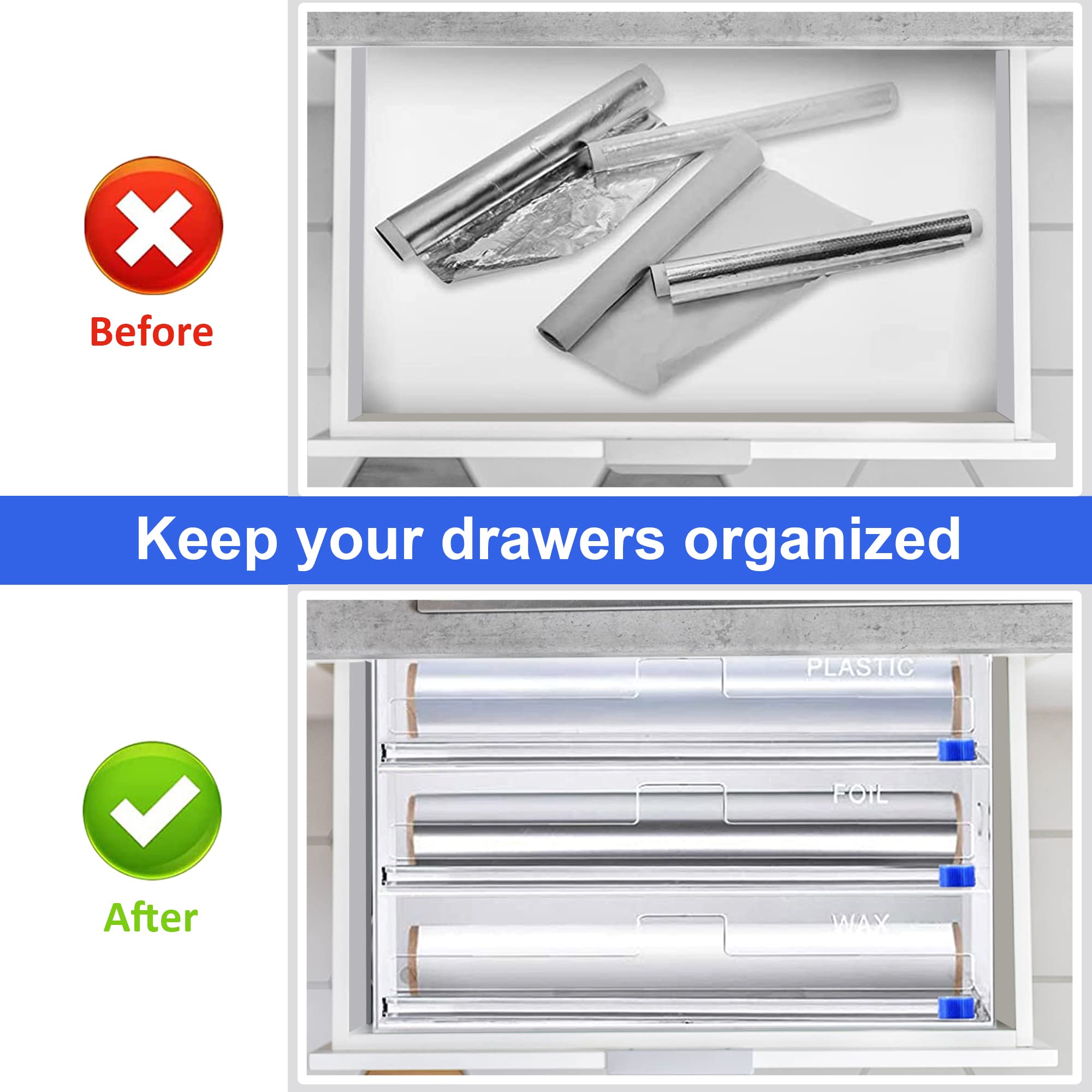 Fukang Foil And Plastic Wrap Organizer, 3 In 1 Kitchen Wrap Dispenser, Drawer Aluminum Foil Organization And Storage, Wall-Mount